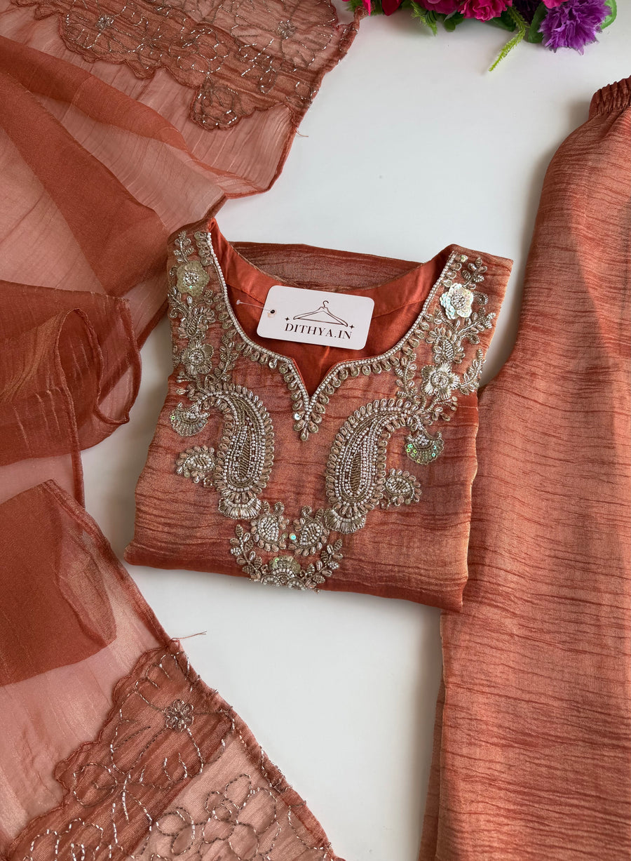 K047 - Crushed tissue handwork short Kurti with divider pants and dupatta