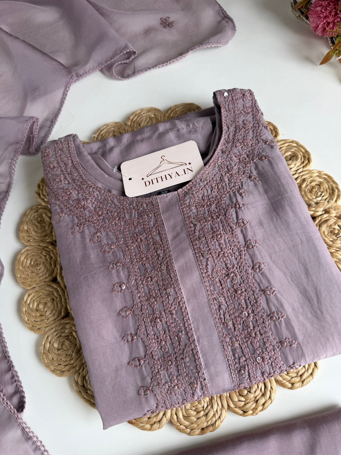 K510 - Viscose organza chikankari straight Kurti with pants and dupatta