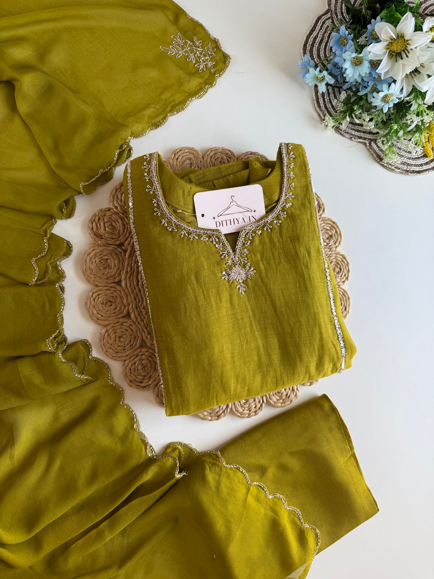 K569 - Mul chanderi handwork aline Kurti with pants and dupatta