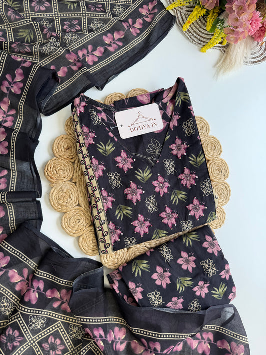 K195 - Cotton floral straight Kurti with pants and dupatta