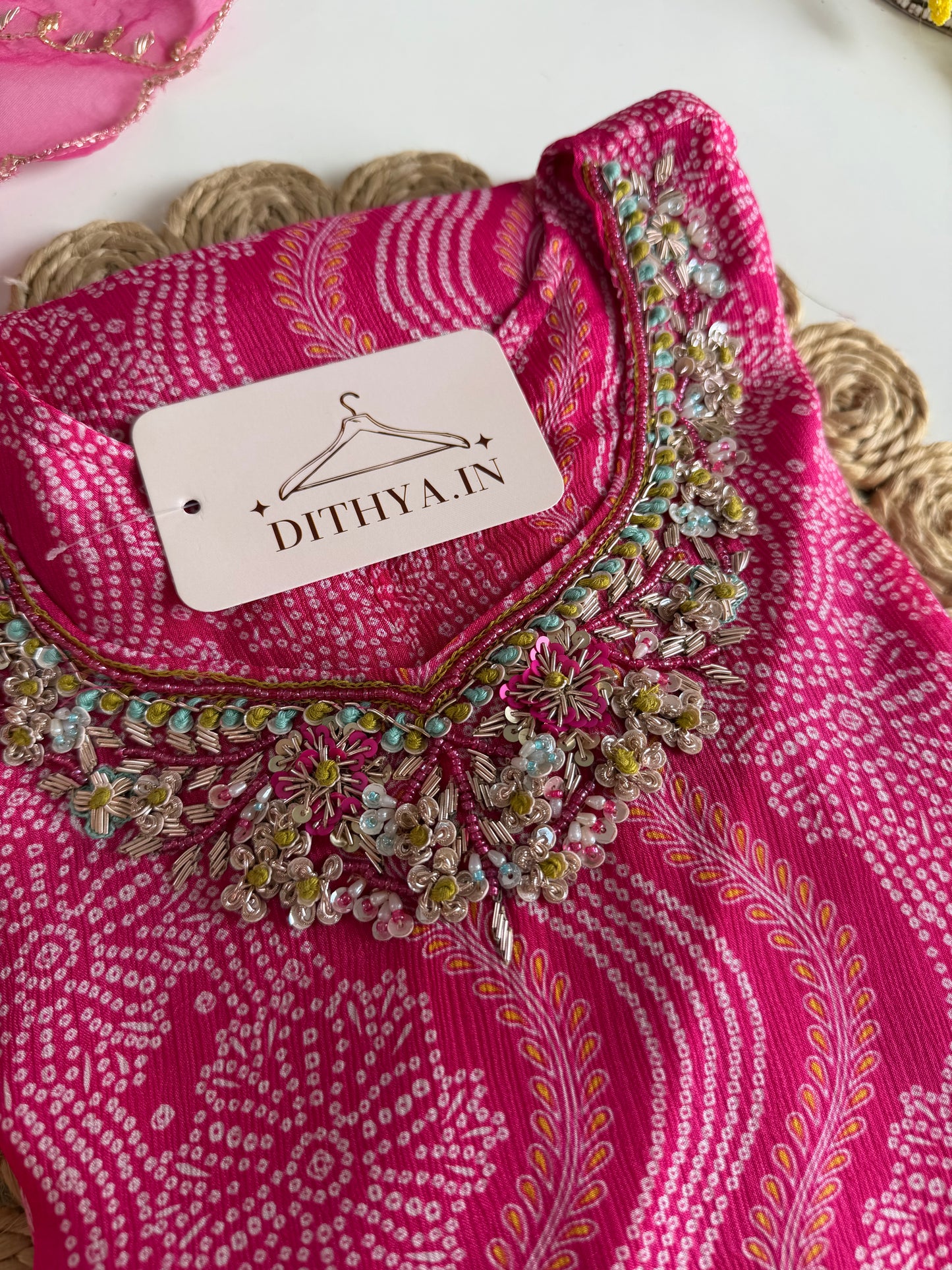 K063 - Pure Chinnon Bandhini handwork aline Kurti with pants and dupatta