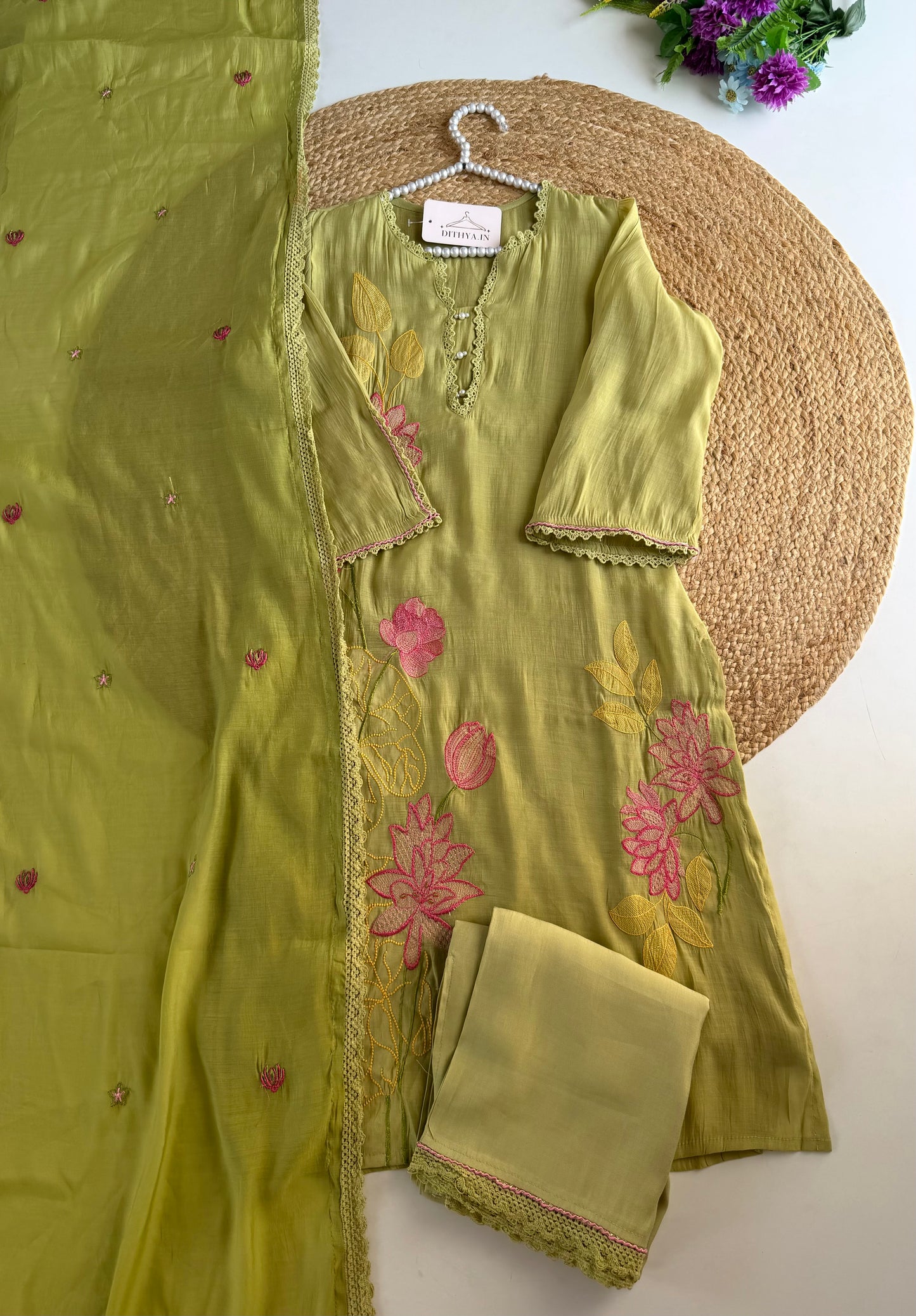 K345 - Muslin silk embroidered straight Kurti with pants and dupatta in 2 colours
