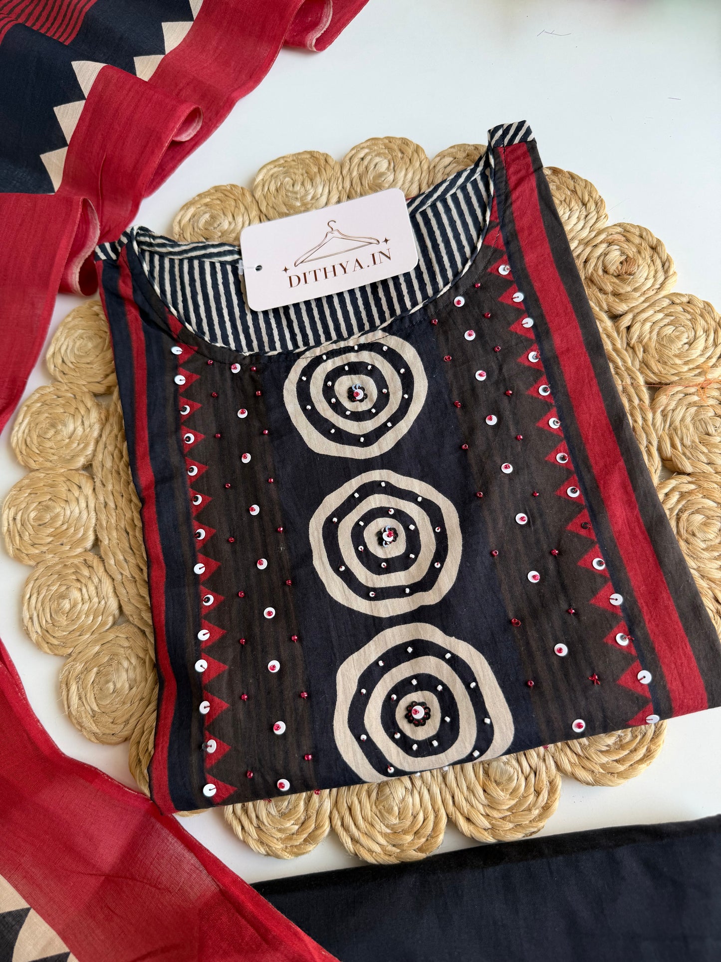 K032 - Mul cotton embroidered straight Kurti with pants and dupatta