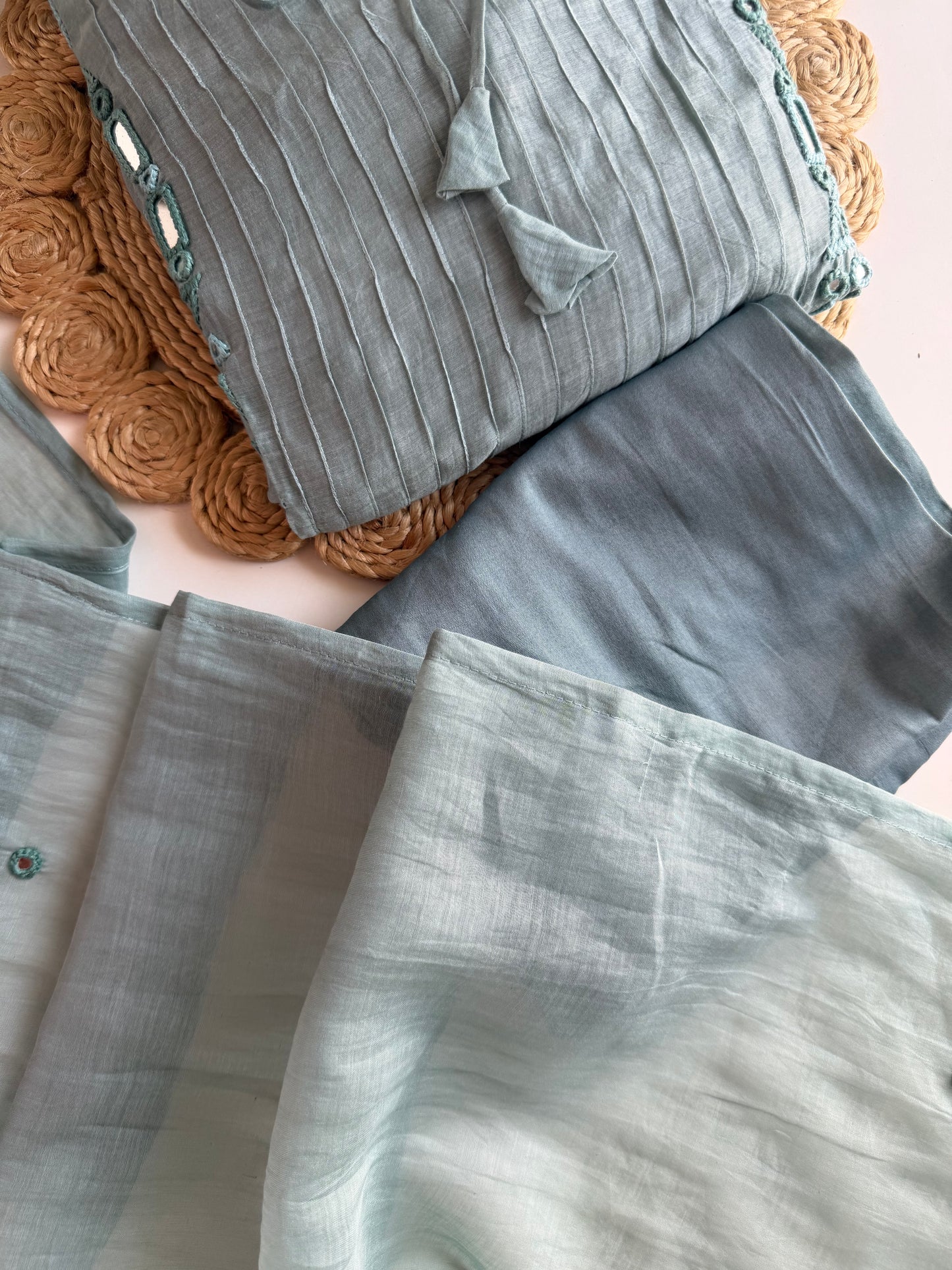 K350 - Mul chanderi mirror embroidered Aline Kurti with pants and dupatta