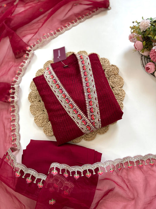 K107 - Jacquard silk Collar neck straight kurti with pants and dupatta in 2 colours