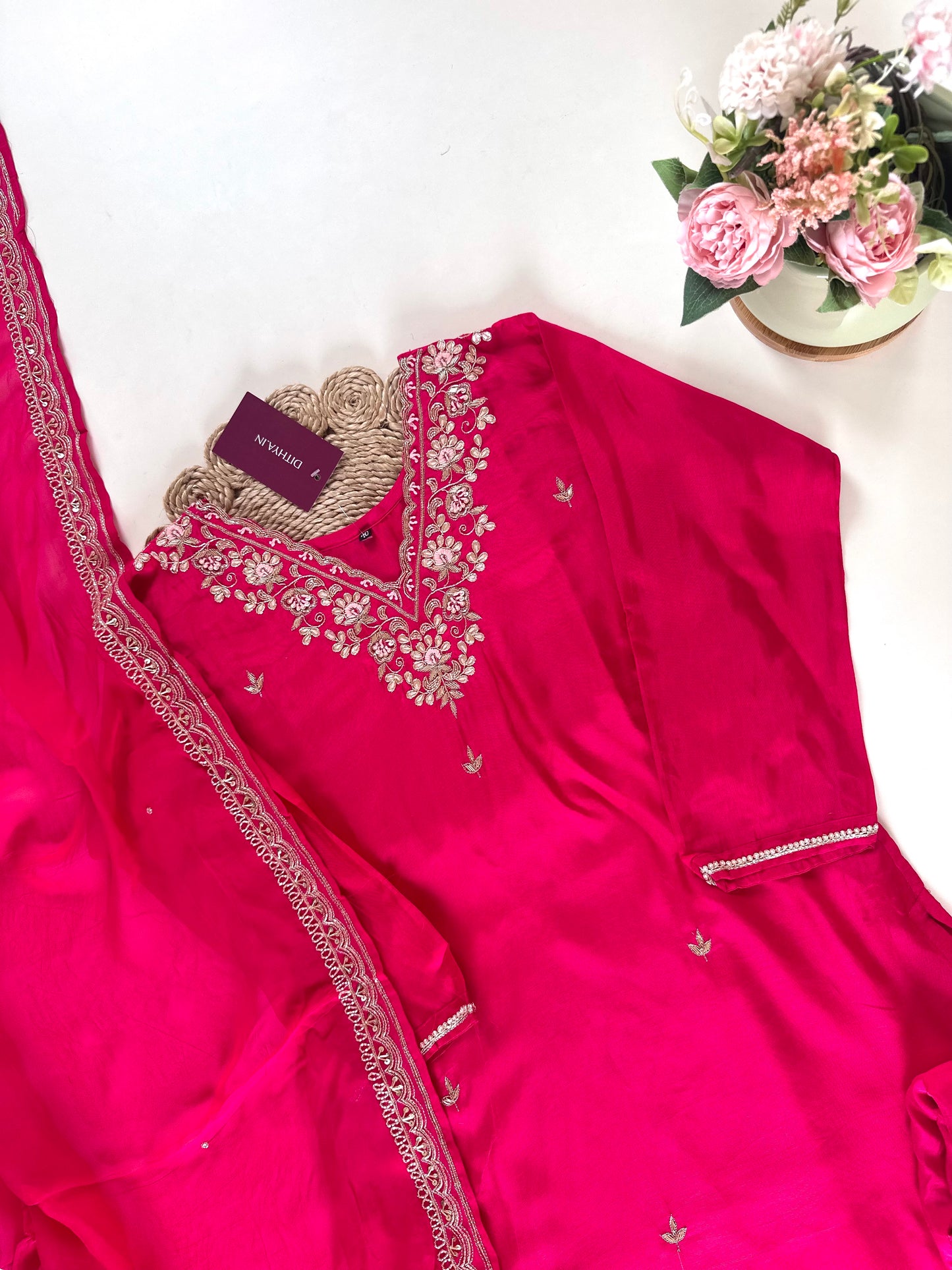 K179 - Russian silk Zari work straight kurti with pants and viscose organza dupatta.