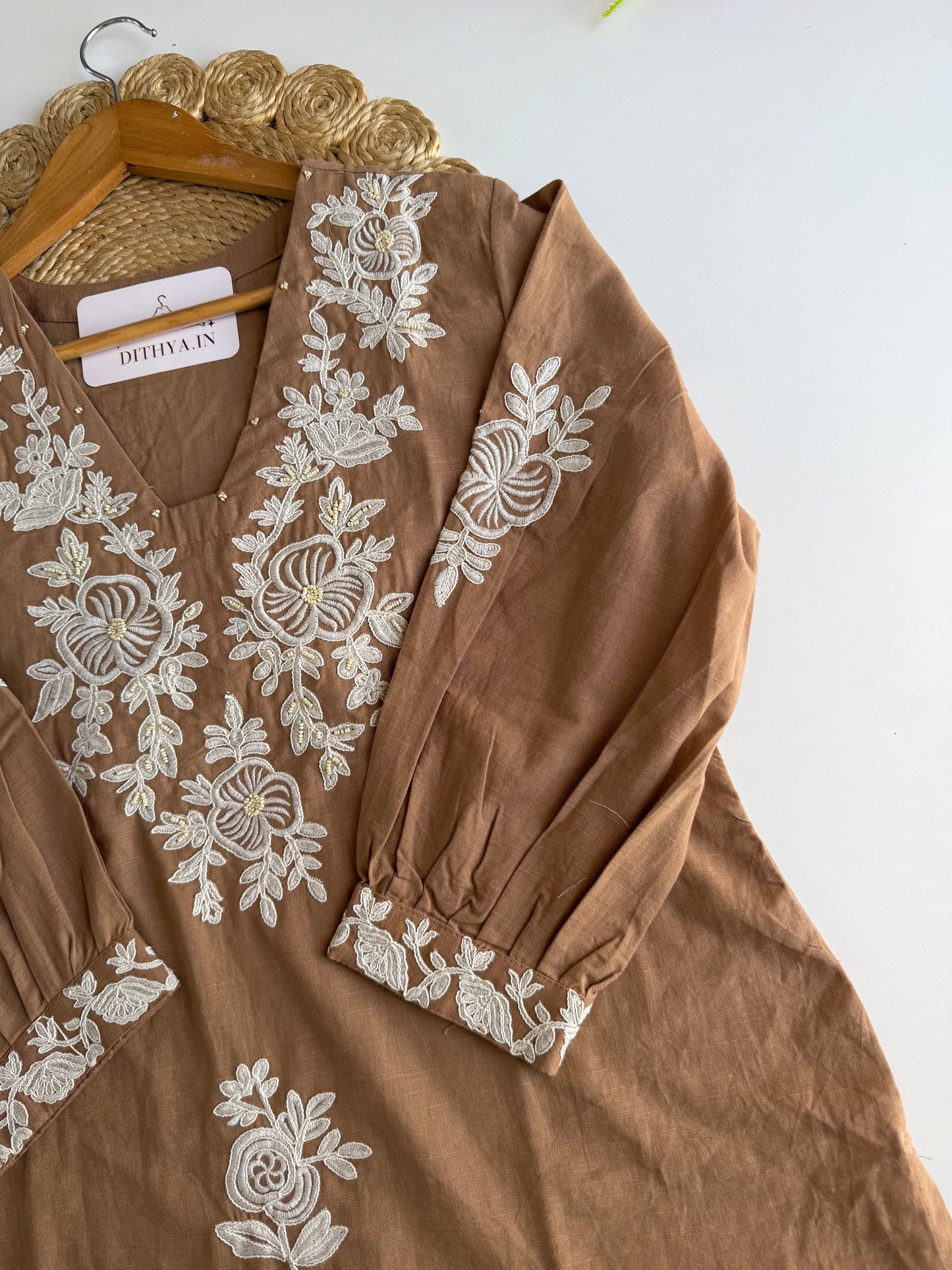 K235 - Mul cotton embroidered Aline Kurti with pants and dupatta