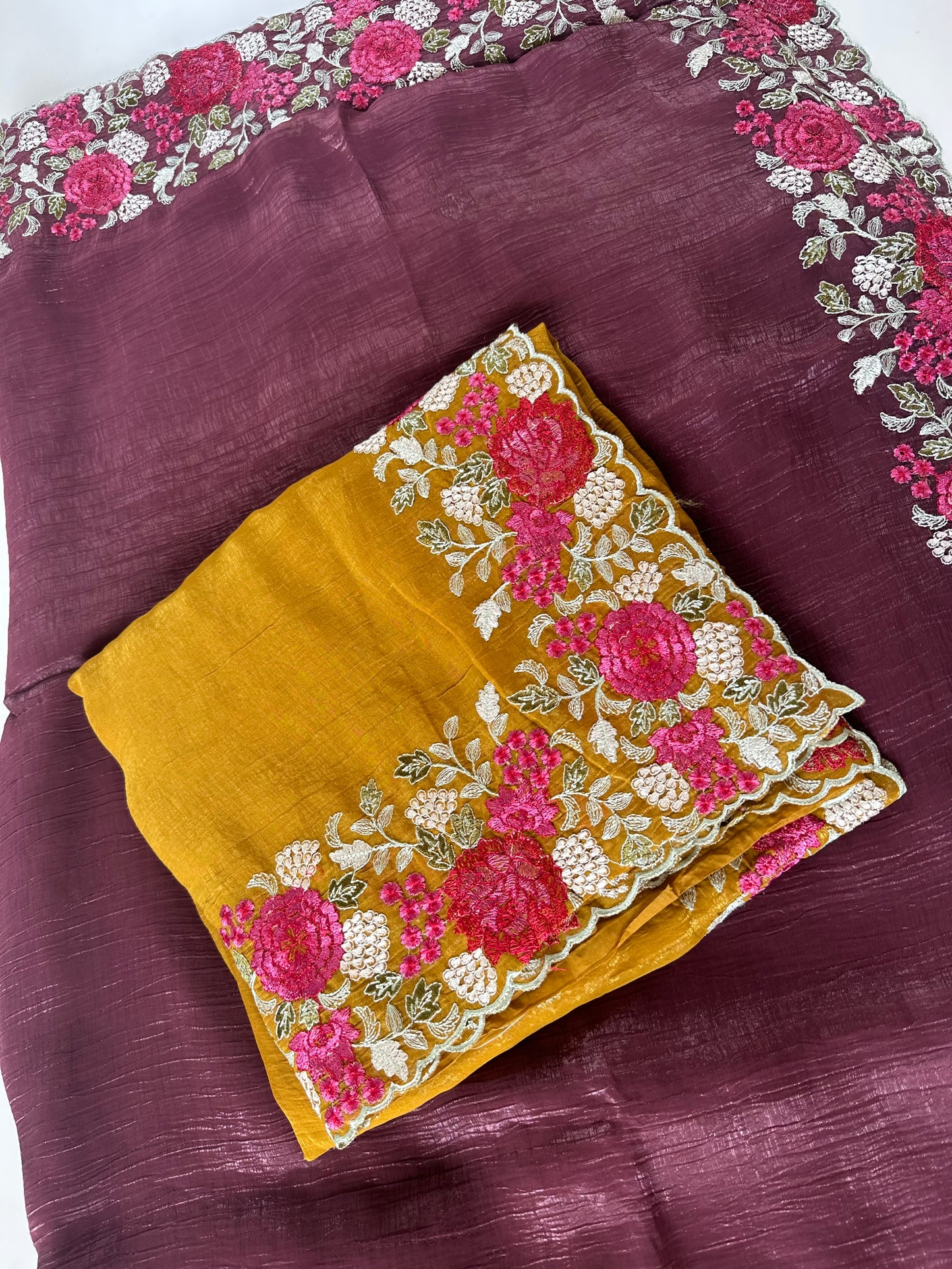 S008 - Shimmer Crepe silk Hand embroidery saree in 2 colours