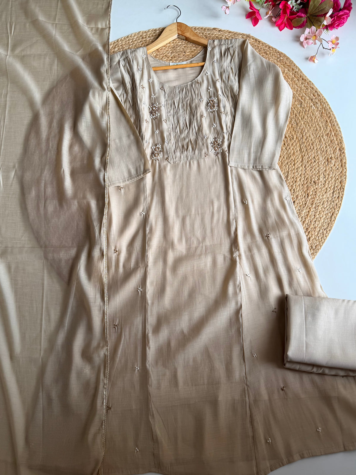 K215 - Surat Mul chanderi handwork Aline Kurti with pants and dupatta
