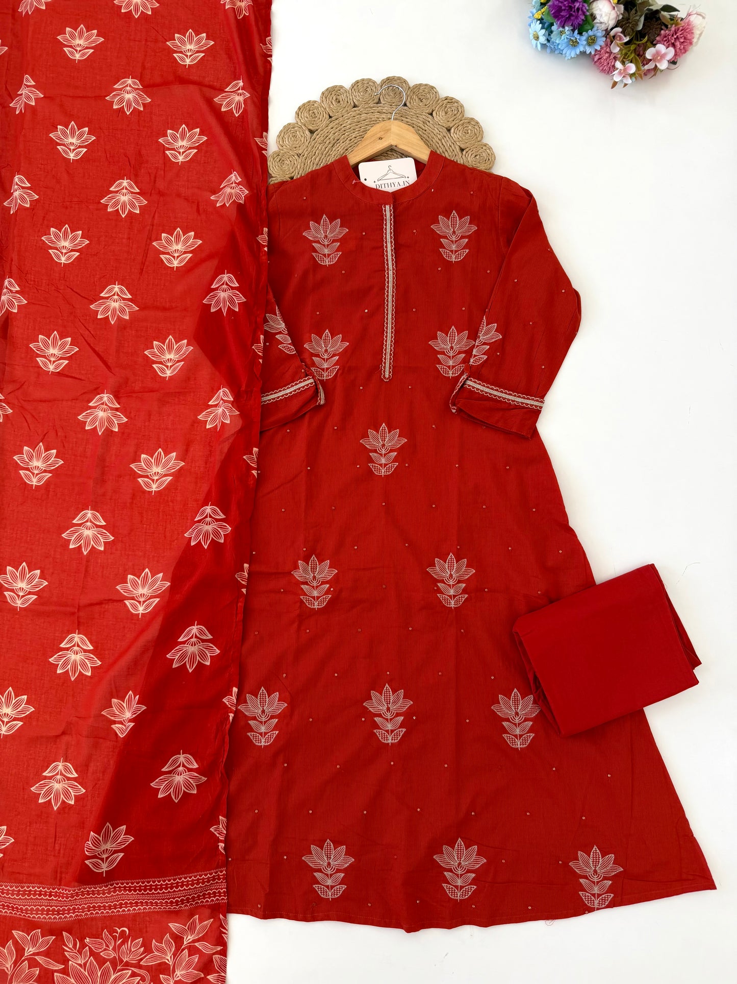 K608 - Mul cotton embroidered Aline Kurti with pants and dupatta