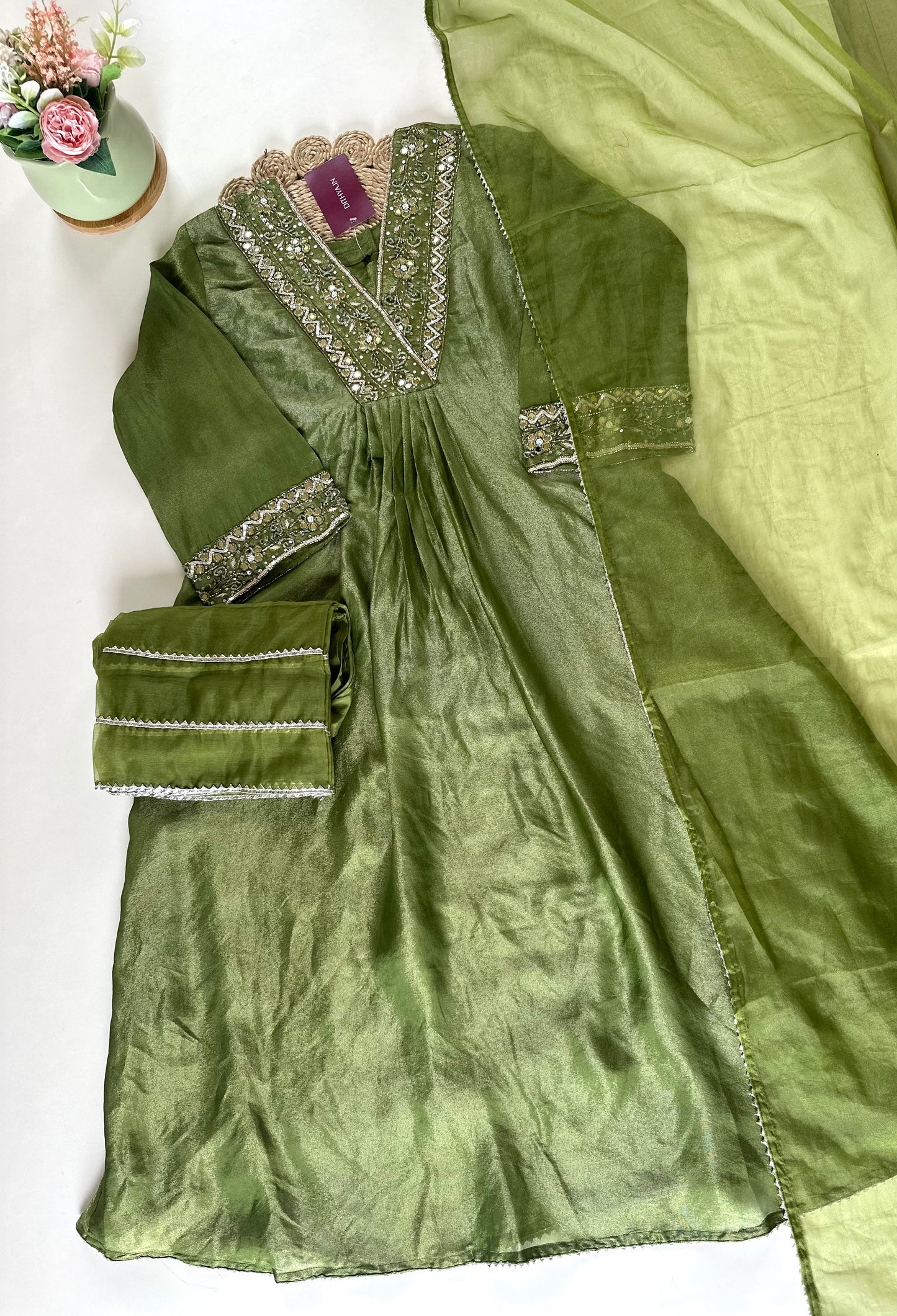 K112 - Shimmer Tissue silk Aline Anarkali with pants and organza dupatta .