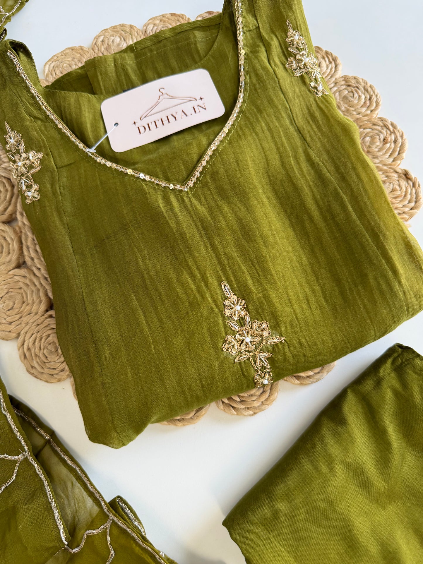 K551 - Mul chanderi handwork Aline Kurti with pants and dupatta