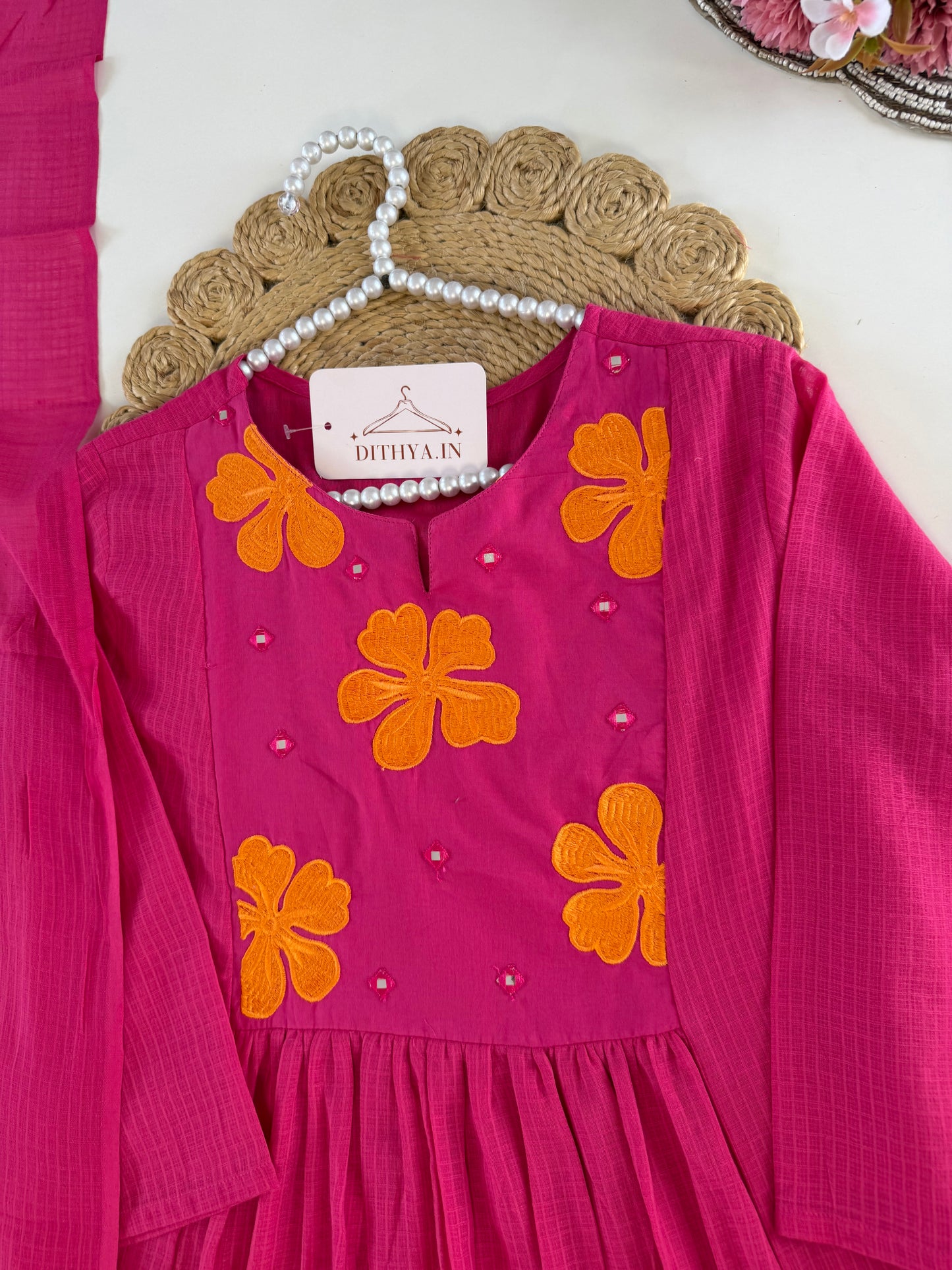 K634 - Mul cotton embroidered Aline Kurti with pants and dupatta