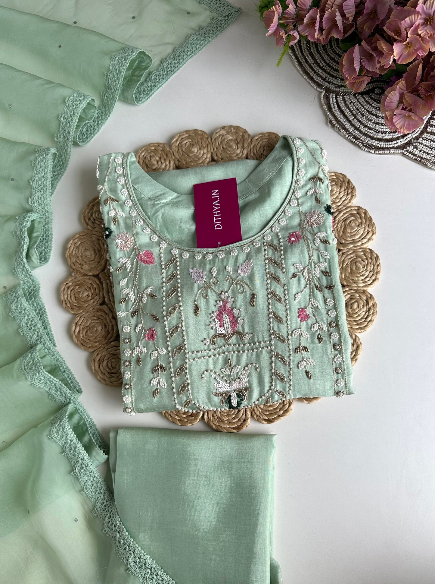 K188 - Russian silk handwork straight Kurti with pants and dupatta