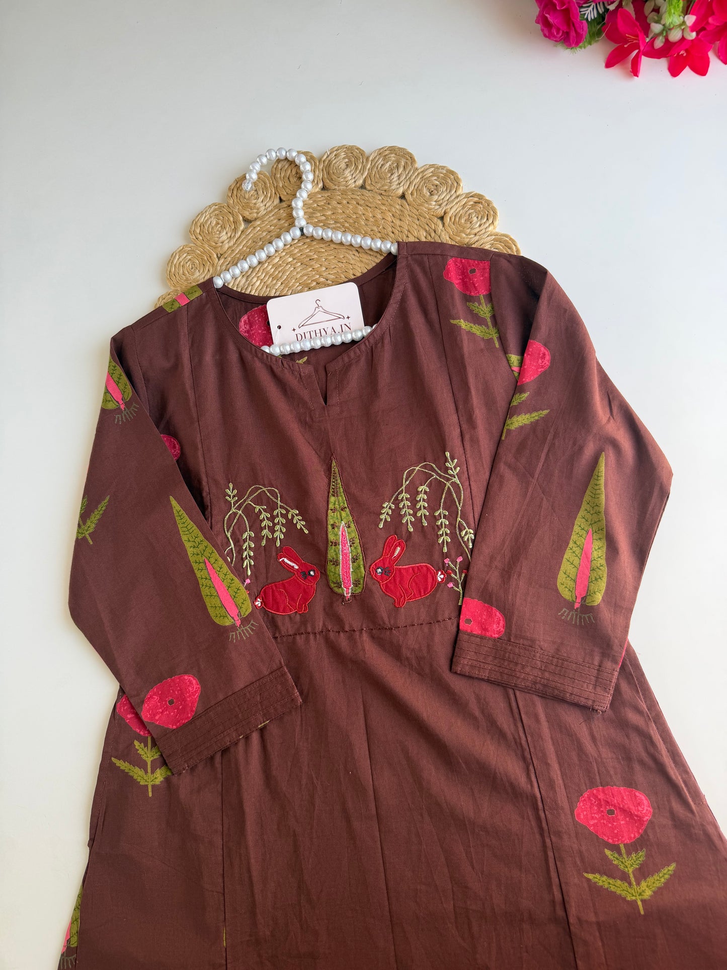 K587 - Mul cotton embroidered Aline Kurti with pants and dupatta