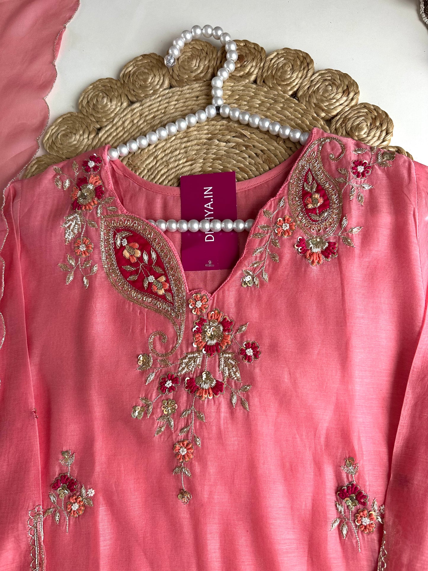 K005 - Mul Chanderi Handwork Aline Kurti with pants and dupatta in 2 colours