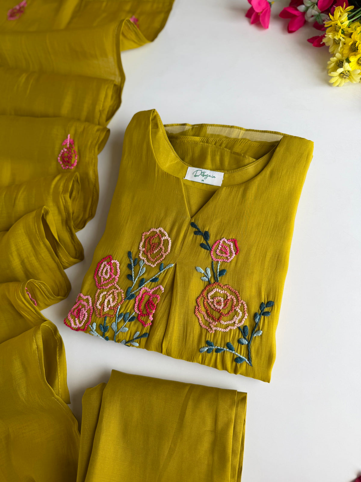 K297 - Surat Mul chanderi embroidered Aline Kurti with pants and dupatta