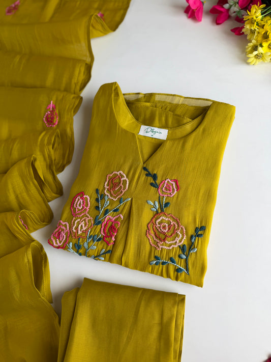 K297 - Surat Mul chanderi embroidered Aline Kurti with pants and dupatta