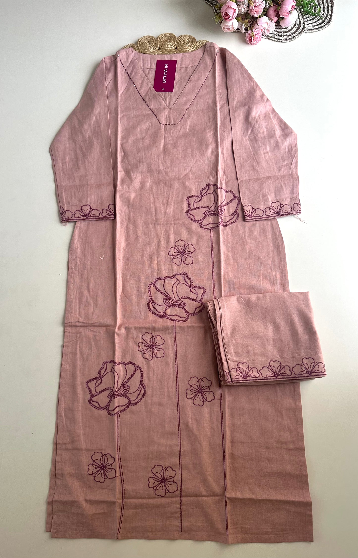 K438 - Linen cotton embroidered Aline Kurti with pants in 2 colours