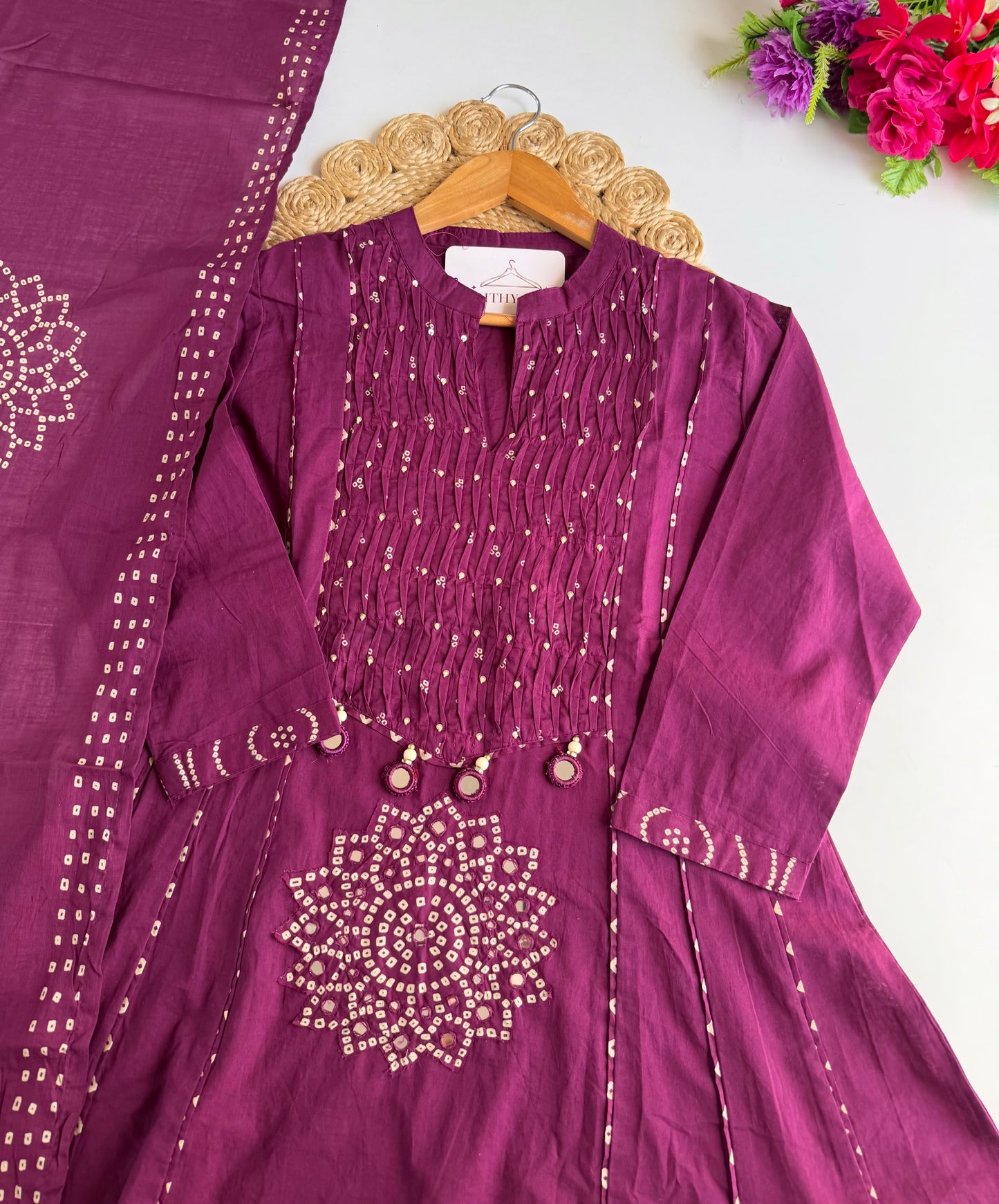 K273 - Mul cotton mirror work Anarkali with pants and dupatta in 4 colours