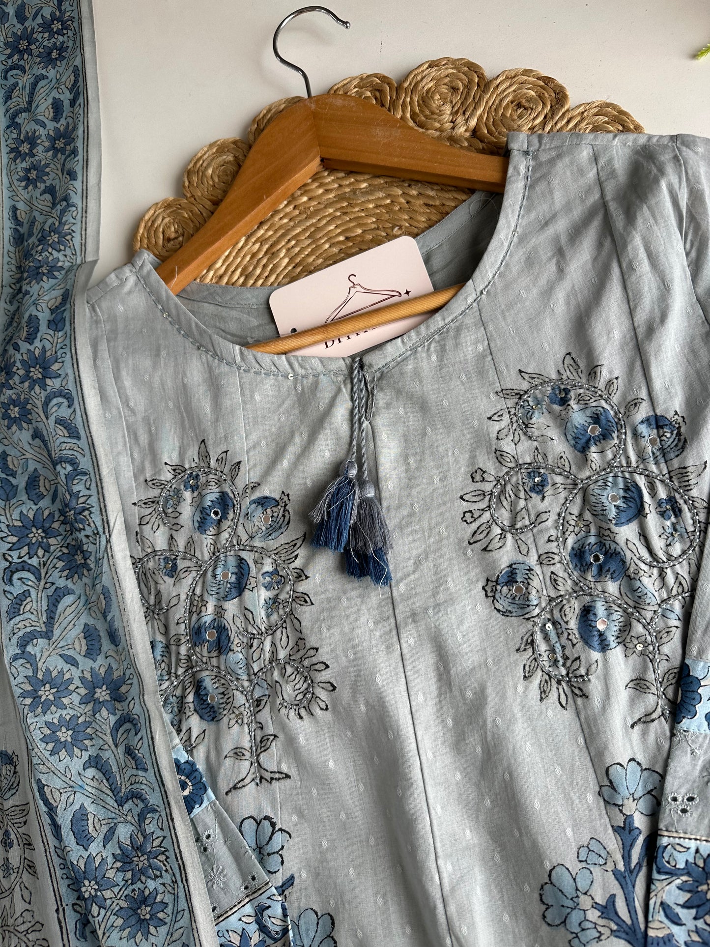 K213 - Mul cotton block print & embroidered Anarkali with pants and dupatta