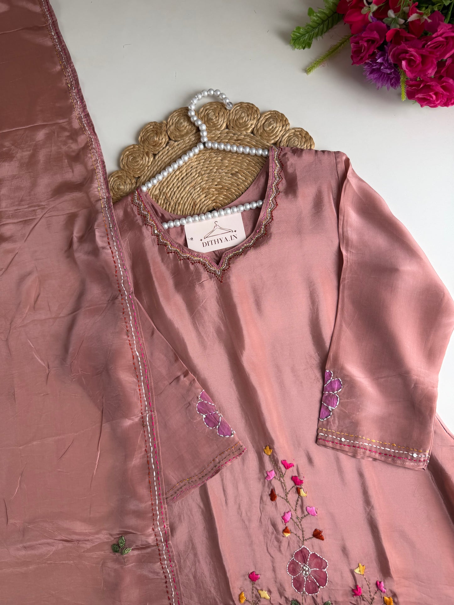 K644 - Pure crape embroidered Aline Kurti with pants and dupatta