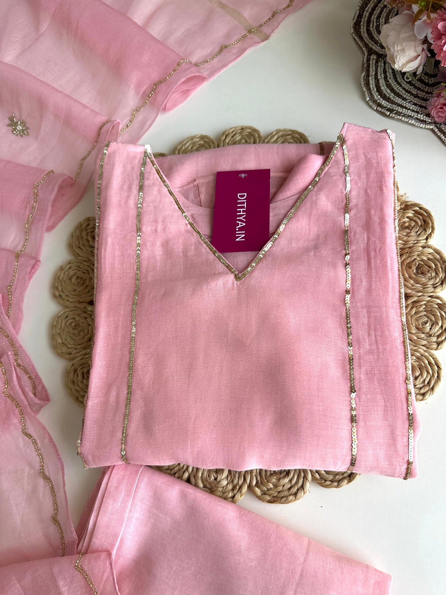 K070 - Mul Chanderi handwork Aline Kurti with pants and dupatta
