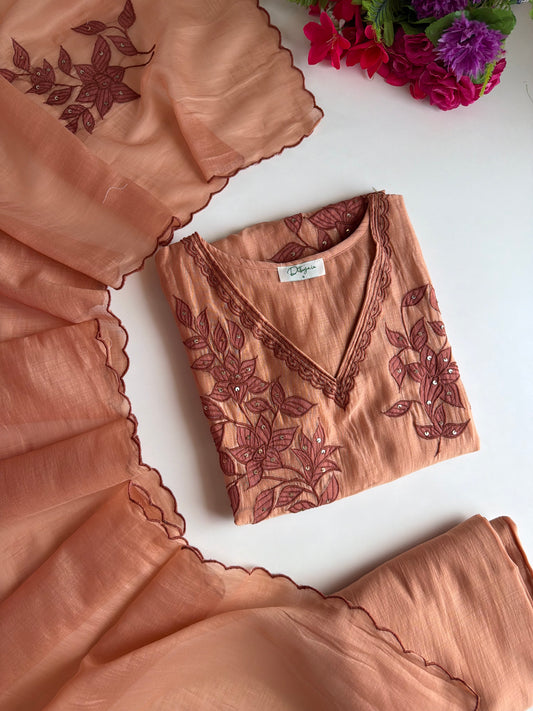 K567 - Mul chanderi embroidered straight Kurti with pants and dupatta