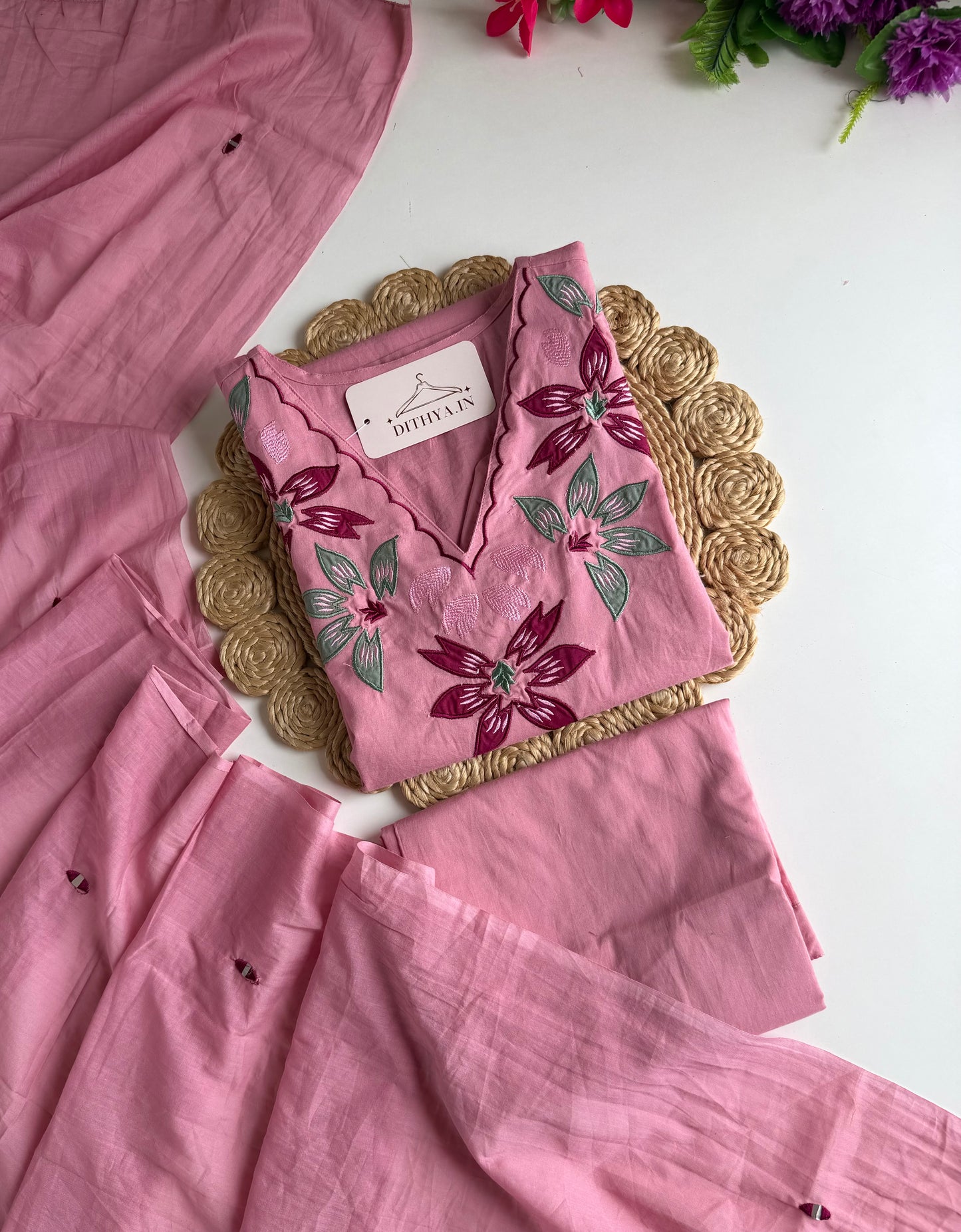 K131 - Mul cotton embroidered straight Kurti with pants and dupatta