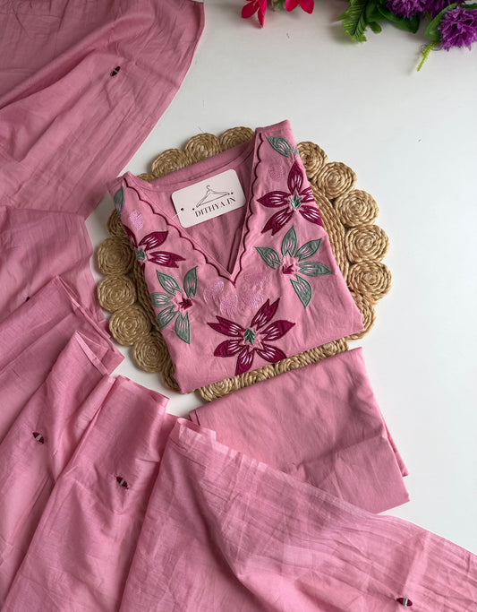 K131 - Mul cotton embroidered straight Kurti with pants and dupatta