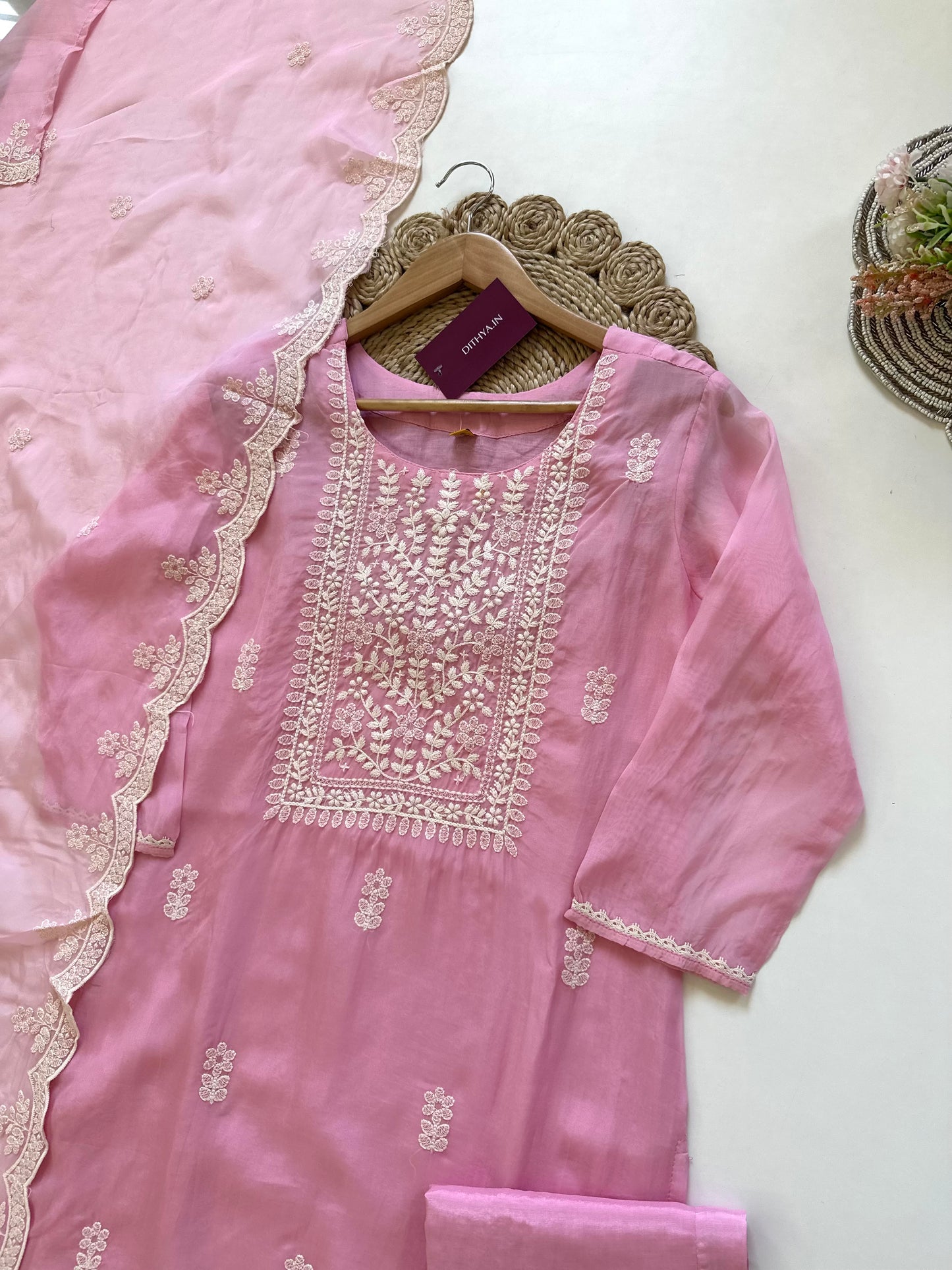 K350 - Mul cotton embroidered straight kurti with pants and dupatta.