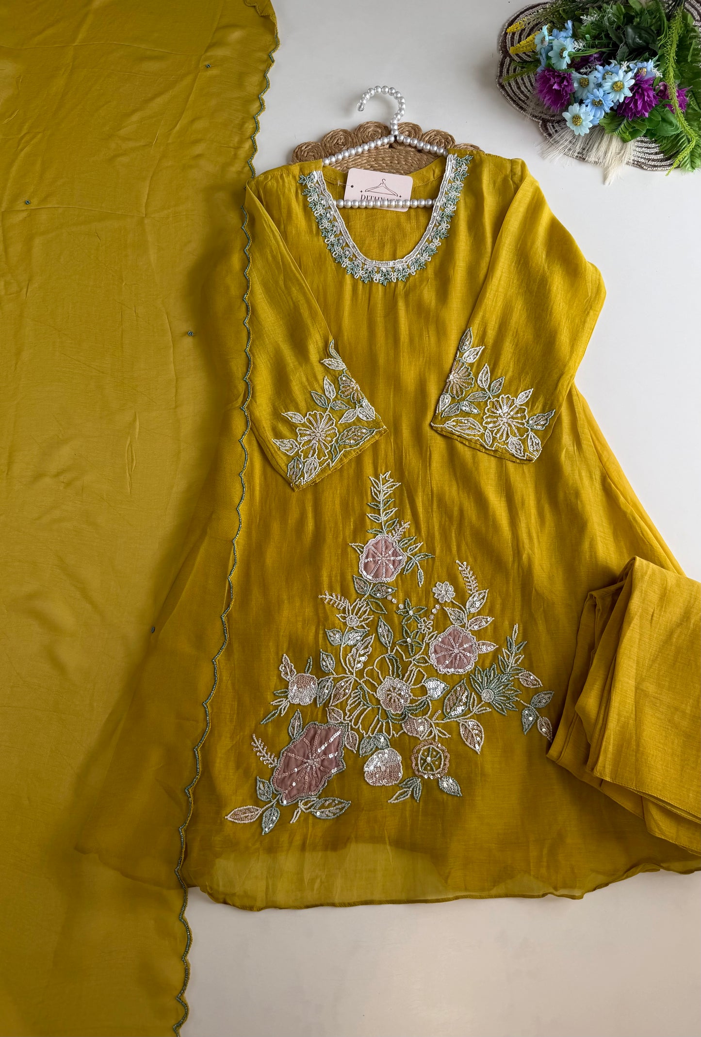 K466 - Mul chanderi handwork short Kurti with palazzo and dupatta