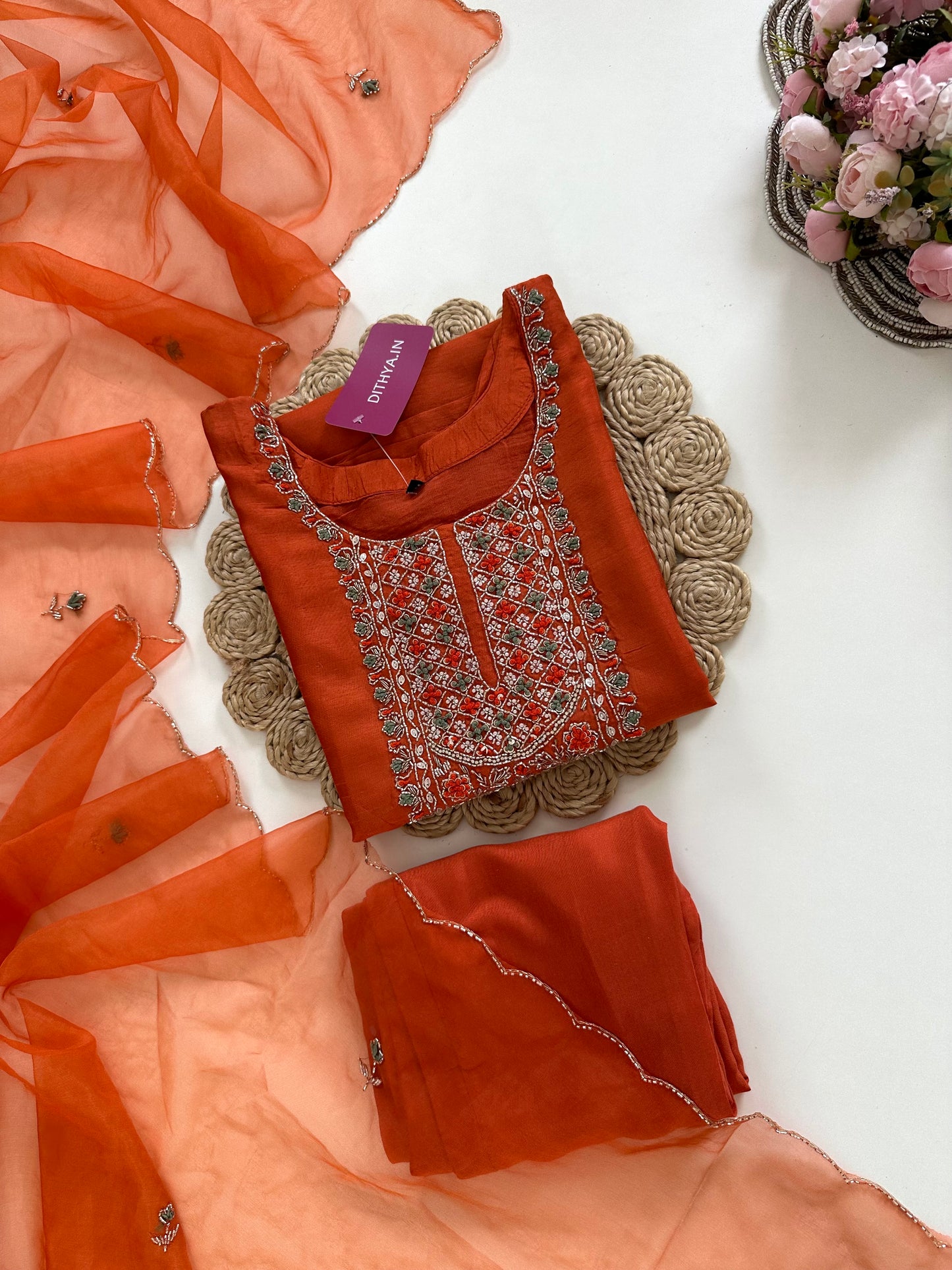 K231-Dola silk handwork straight Kurti with pants and dupatta in 2 colours