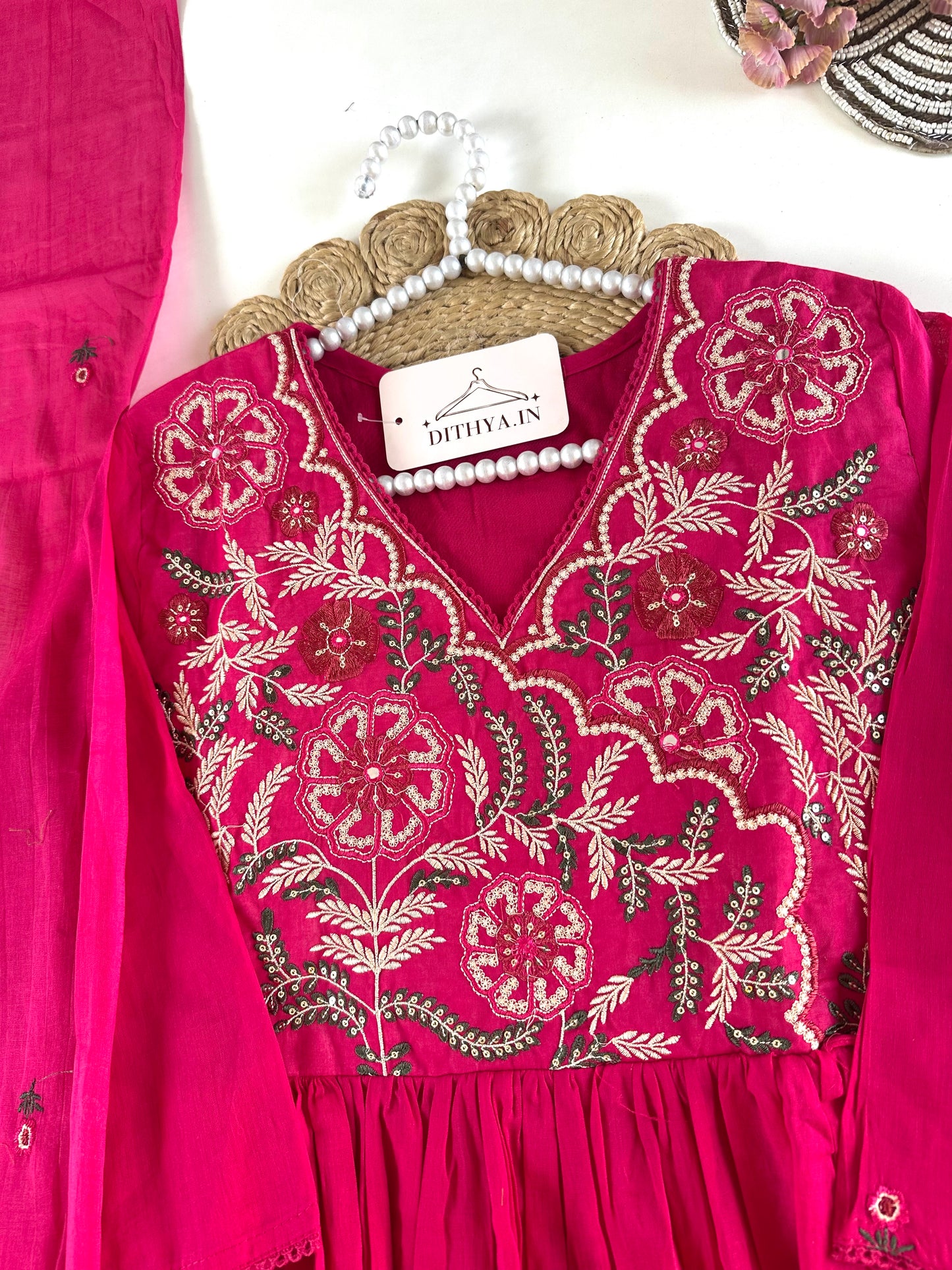 K694 - Mul cotton embroidered Anarkali with pants and dupatta