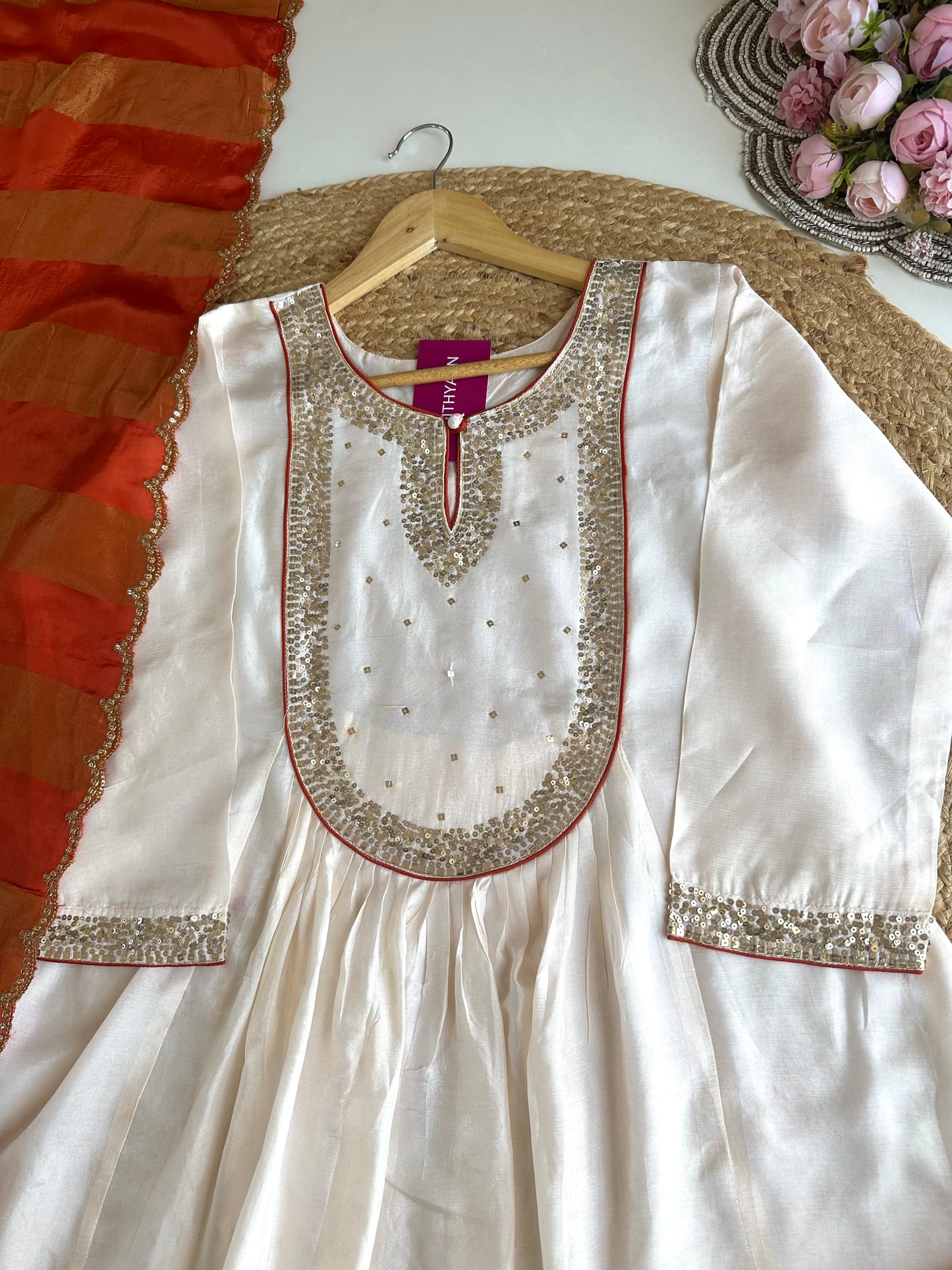 K141 - Russian silk sequins work Aline Kurti with pants and dupatta in 2 colours