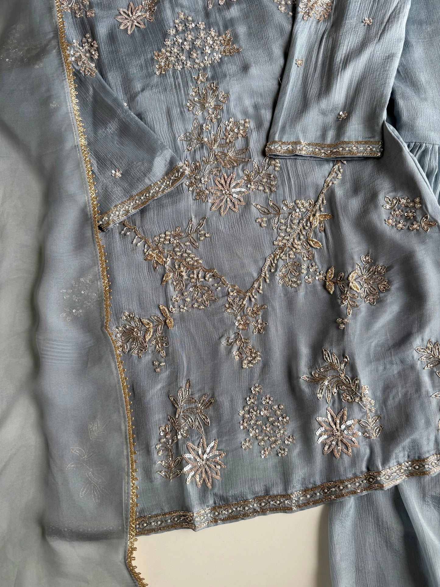 K670 - Pure Chinnon handwork short Kurti with pants and dupatta