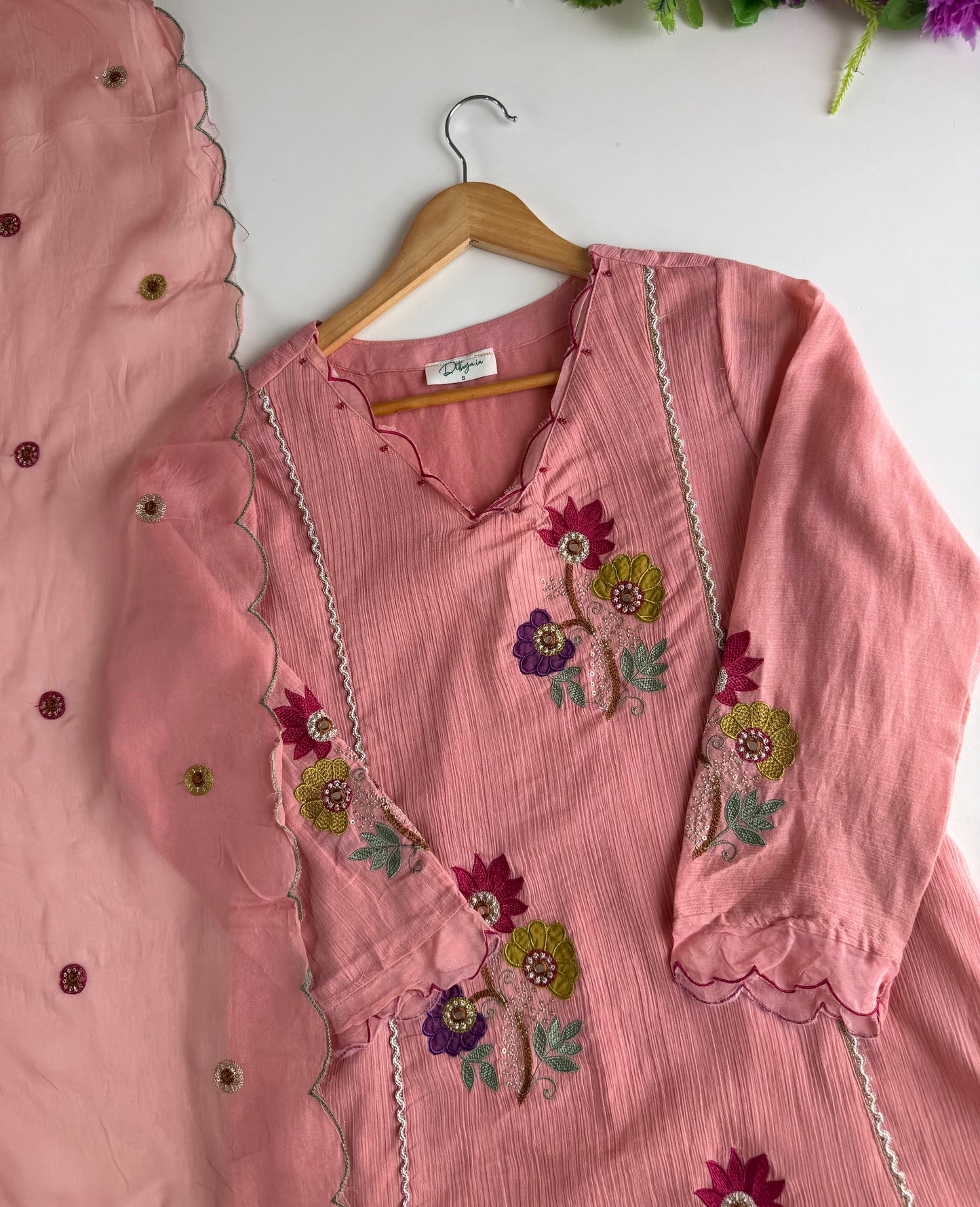 K539 - Crushed mul Chanderi embroidered Aline Kurti with pants and dupatta