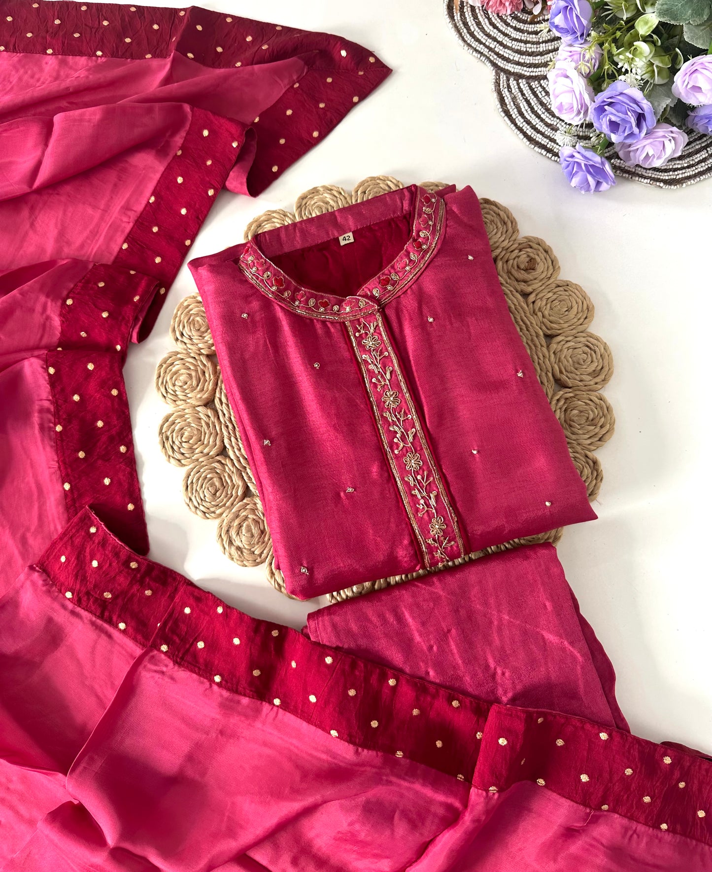D048 -Russian silk straight kurti with pants and dupatta