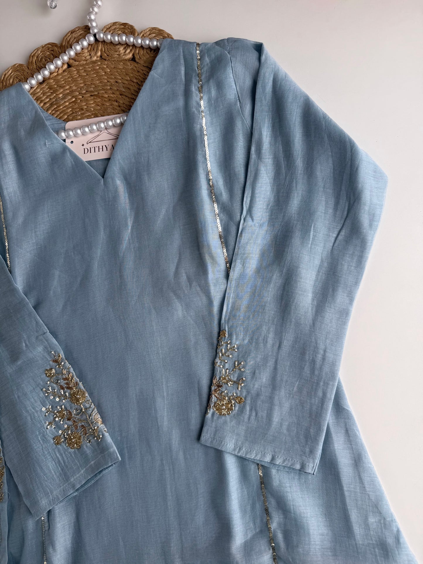 K108 - Mul chanderi handwork aline Kurti with pants and dupatta