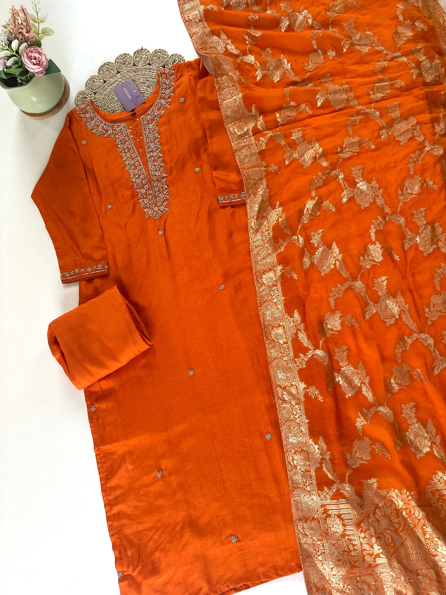 K265 - Russian silk handwork Straight kurti with straight pants and Banarasi silk dupatta .