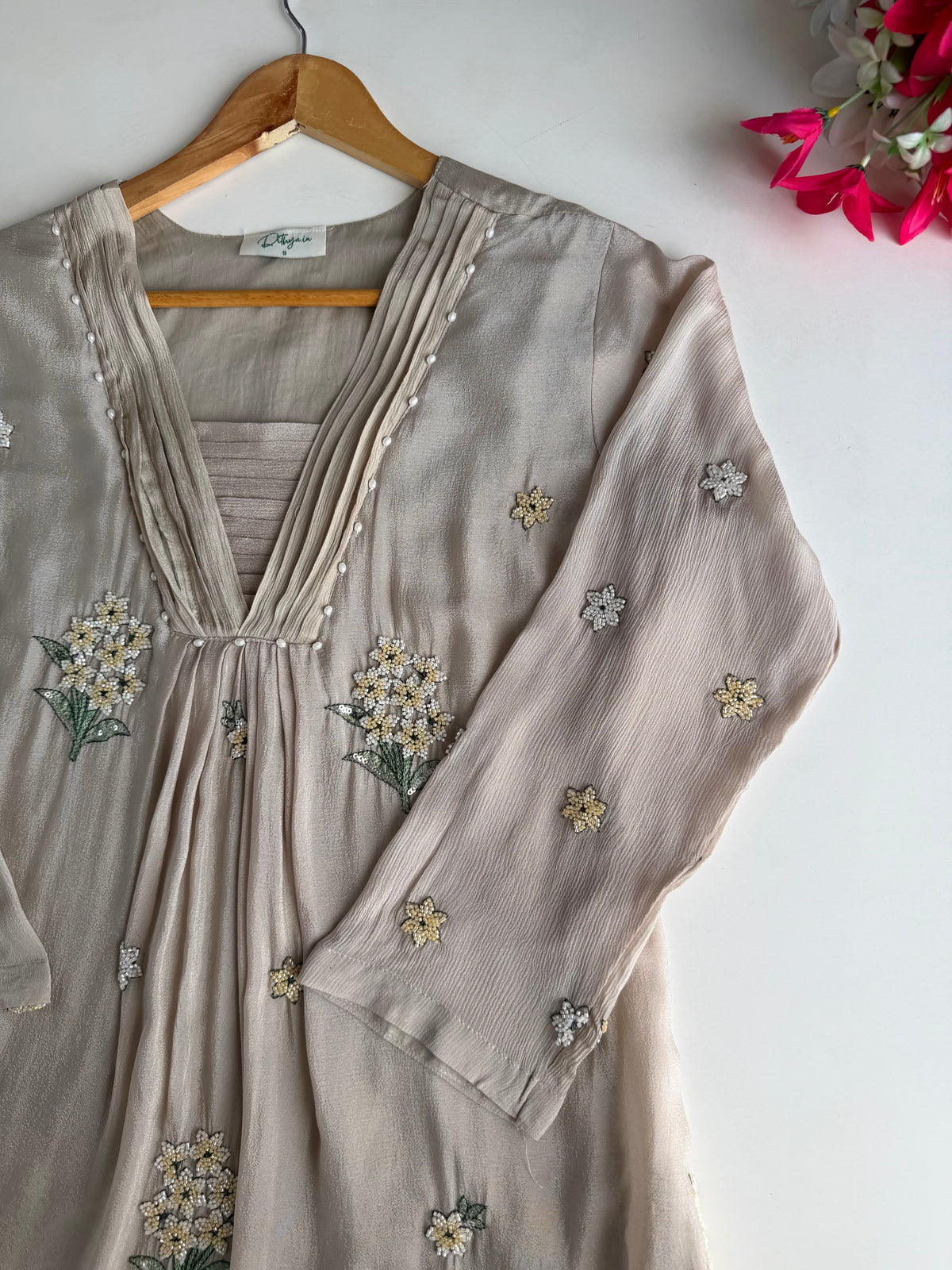 K674 - Pure Chinnon handwork aline Kurti with pants and dupatta