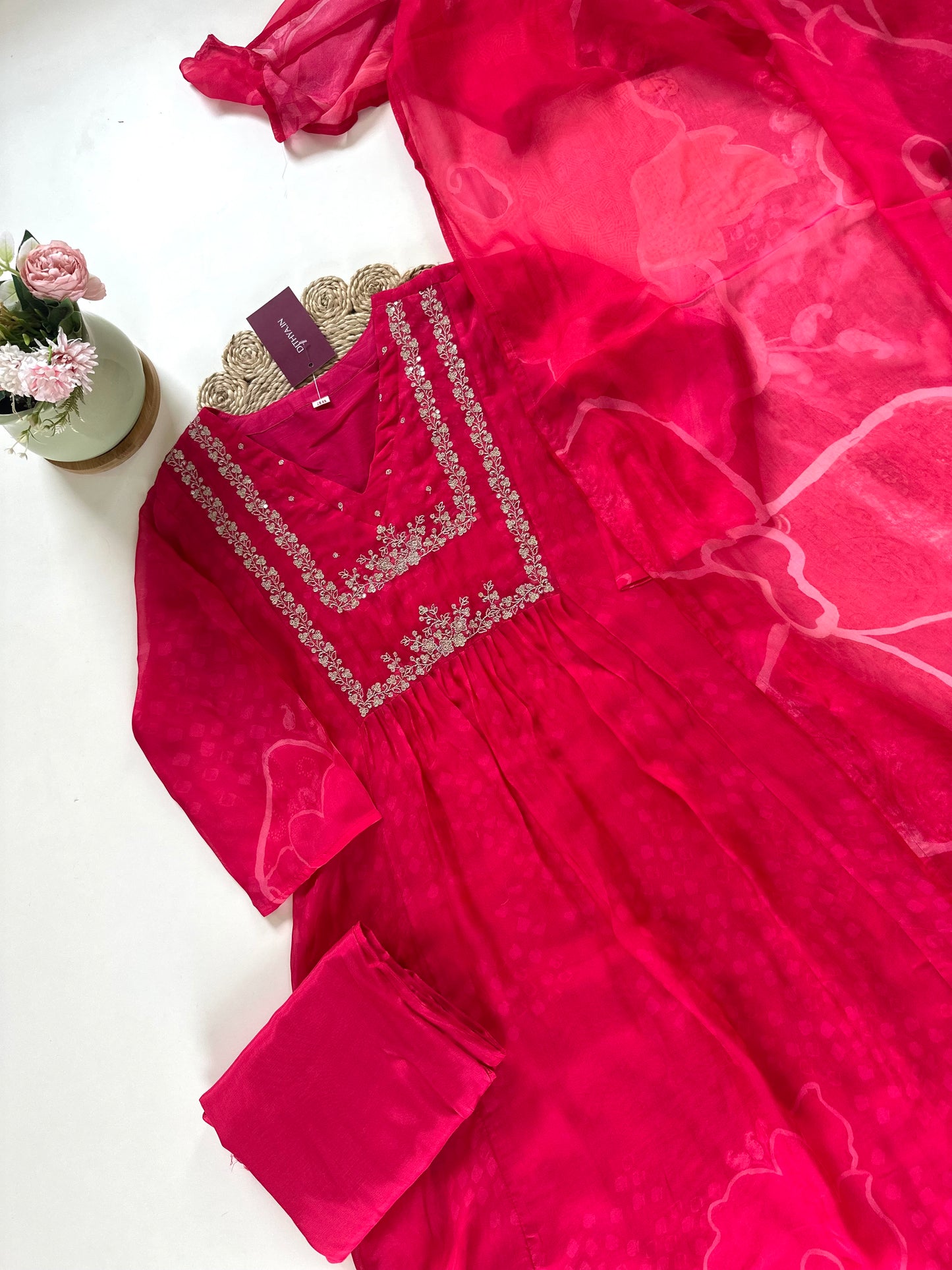 K280 - Viscose organza Zari work Aline Anarkali with pants and printed  dupatta .