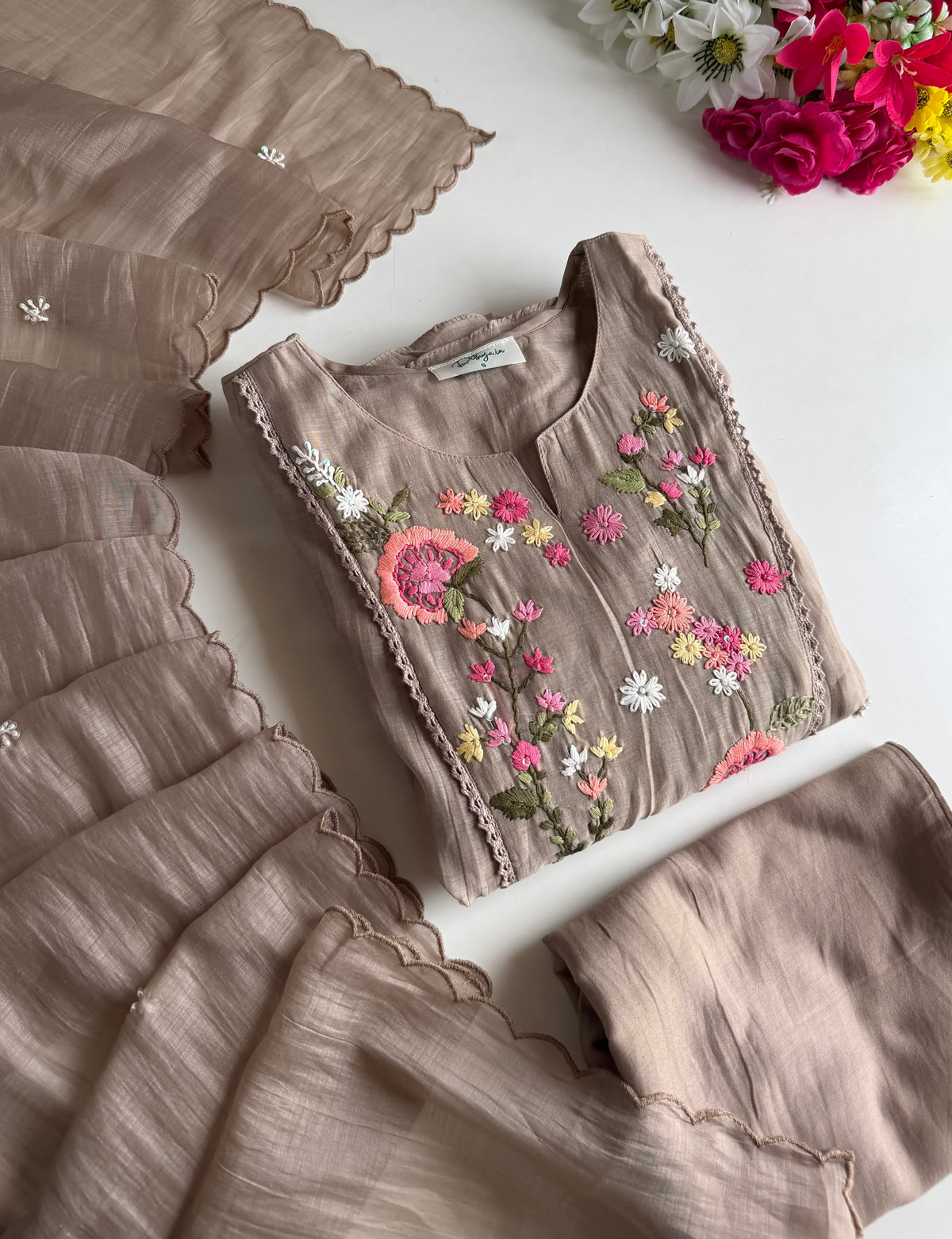 K711 - Mul chanderi embroidered Anarkali with pants and dupatta