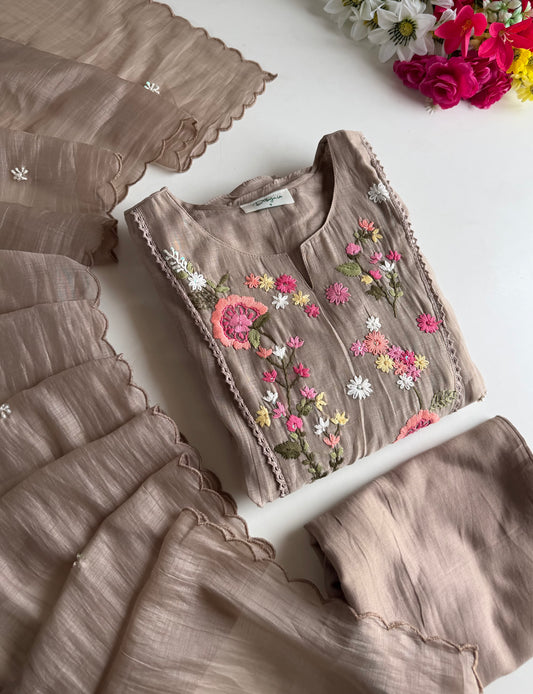 K711 - Mul chanderi embroidered Anarkali with pants and dupatta