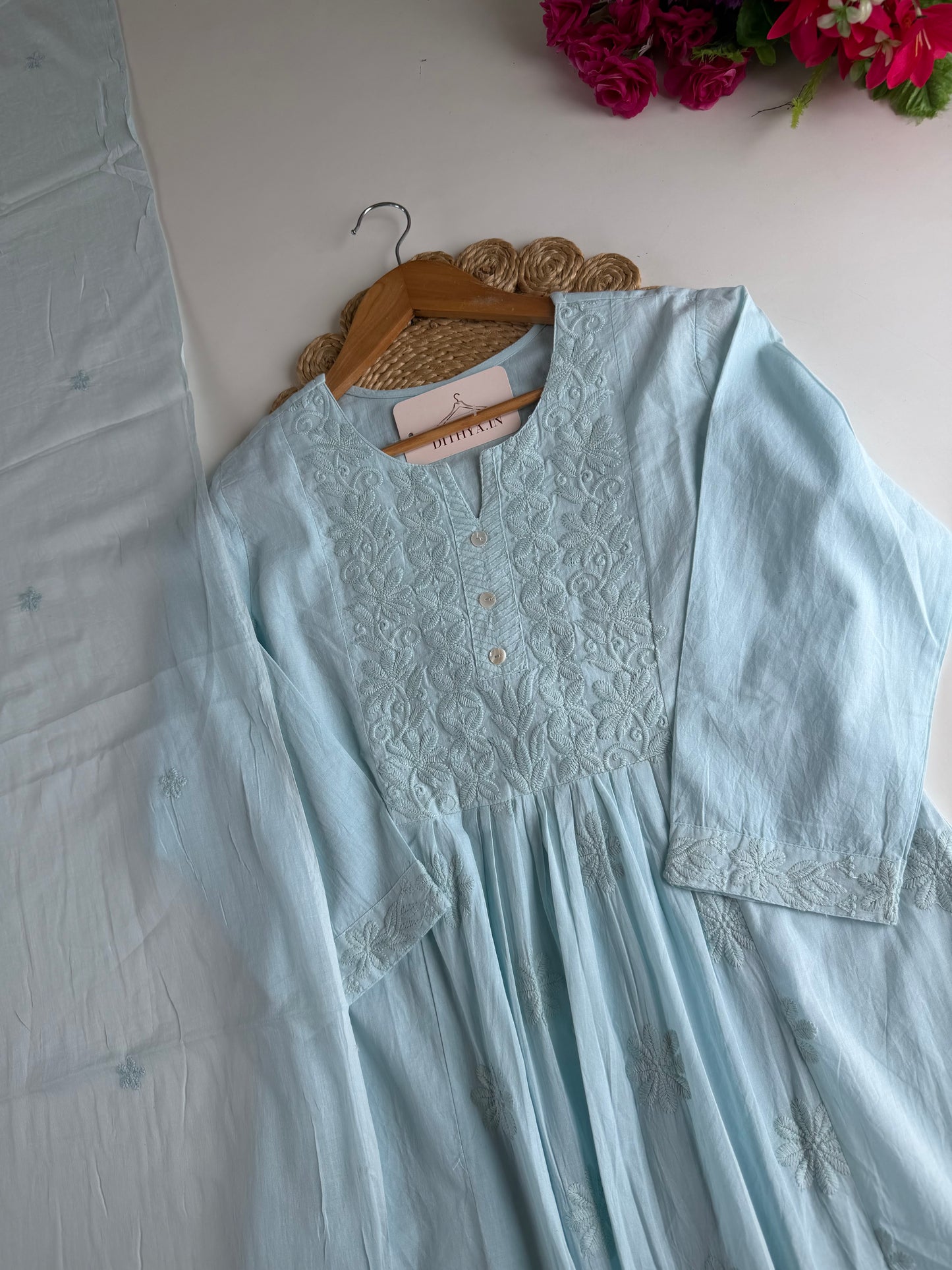 K525 - Mul cotton embroidered Anarkali with pants and dupatta