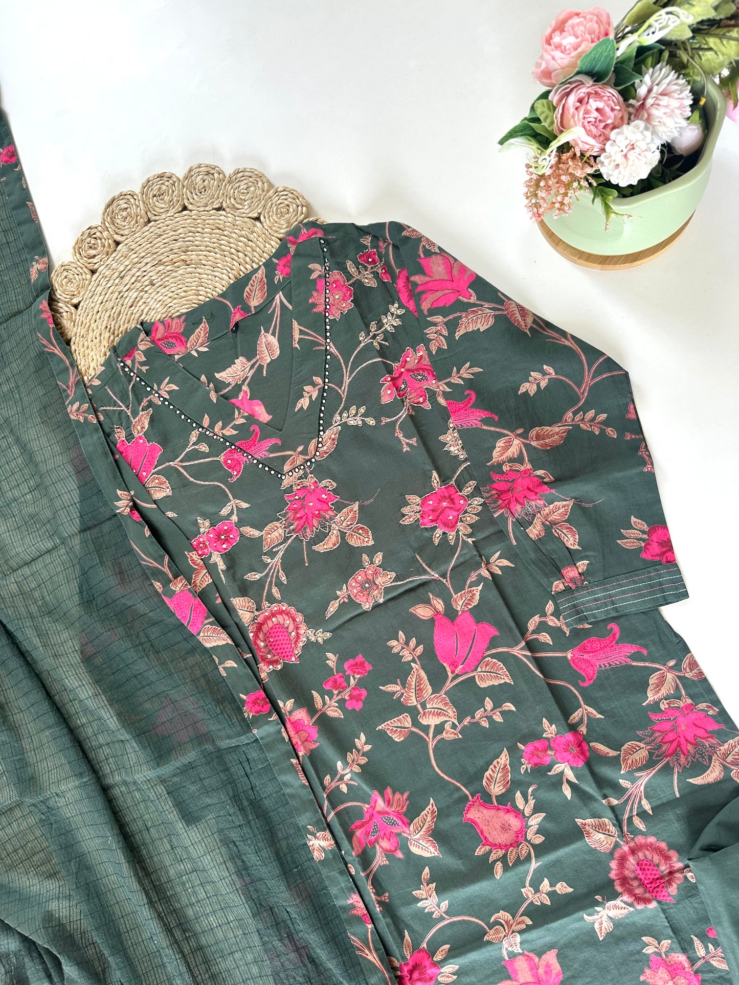 K104 - Printed cotton straight kurti with pants and dupatta .