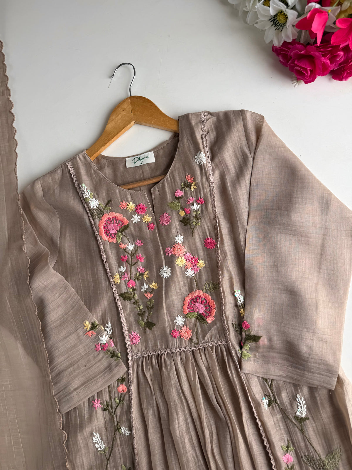 K711 - Mul chanderi embroidered Anarkali with pants and dupatta
