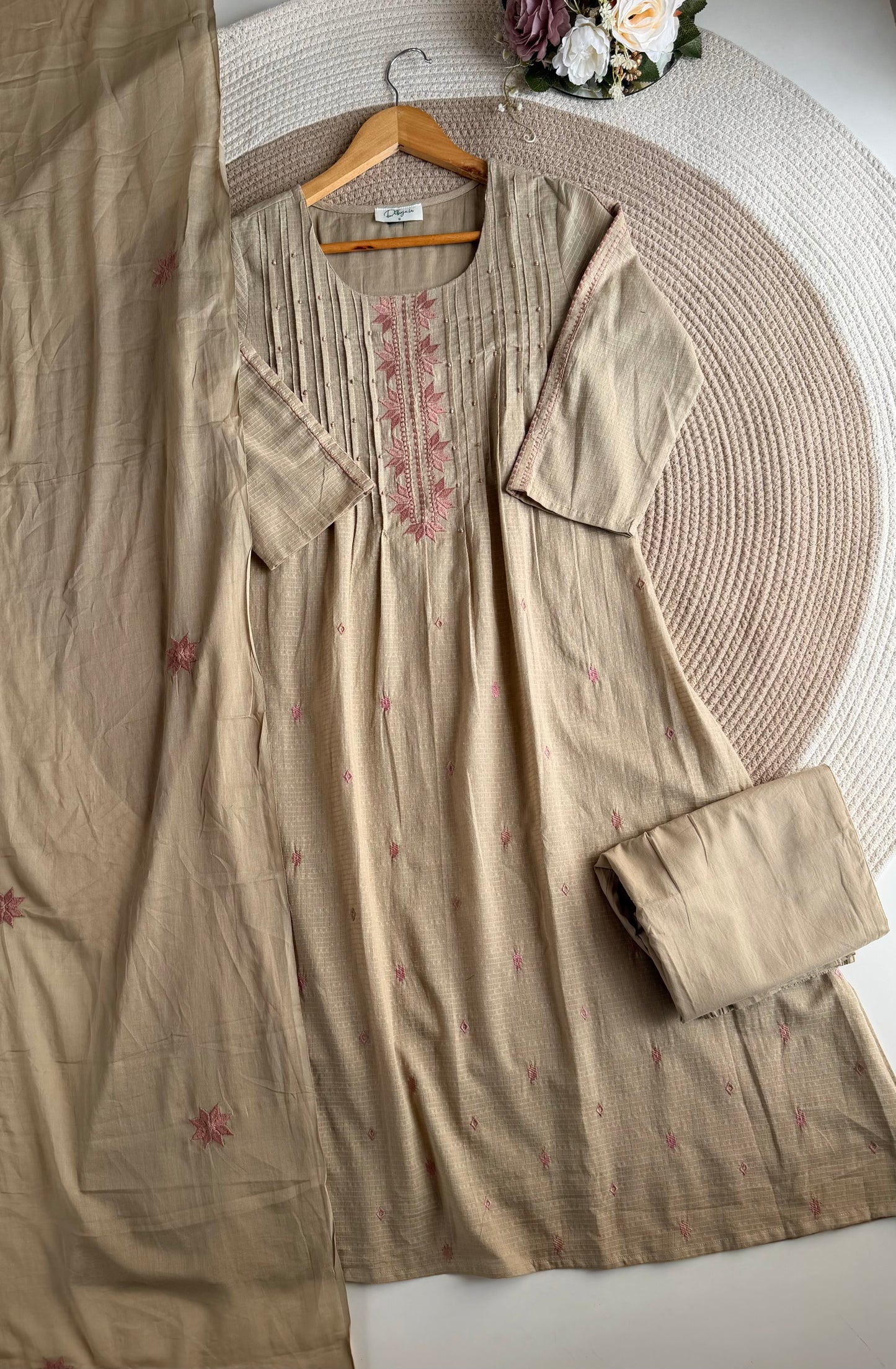 K226 - Mul cotton embroidered Aline Kurti with pants and dupatta in 2 colours