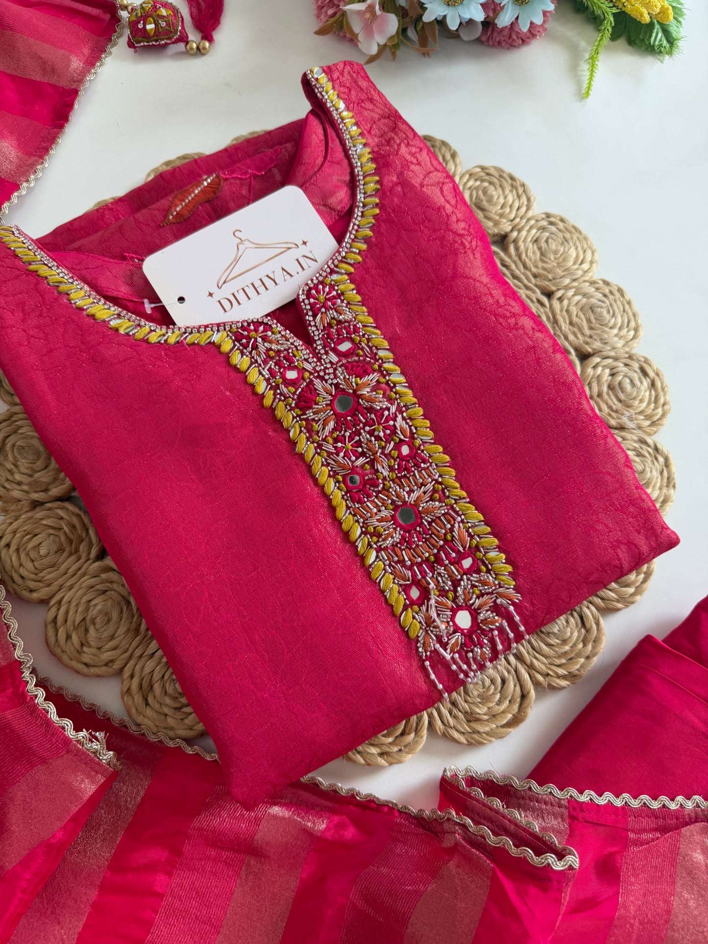 K683 - Self tissue silk handwork aline Kurti with pants and dupatta