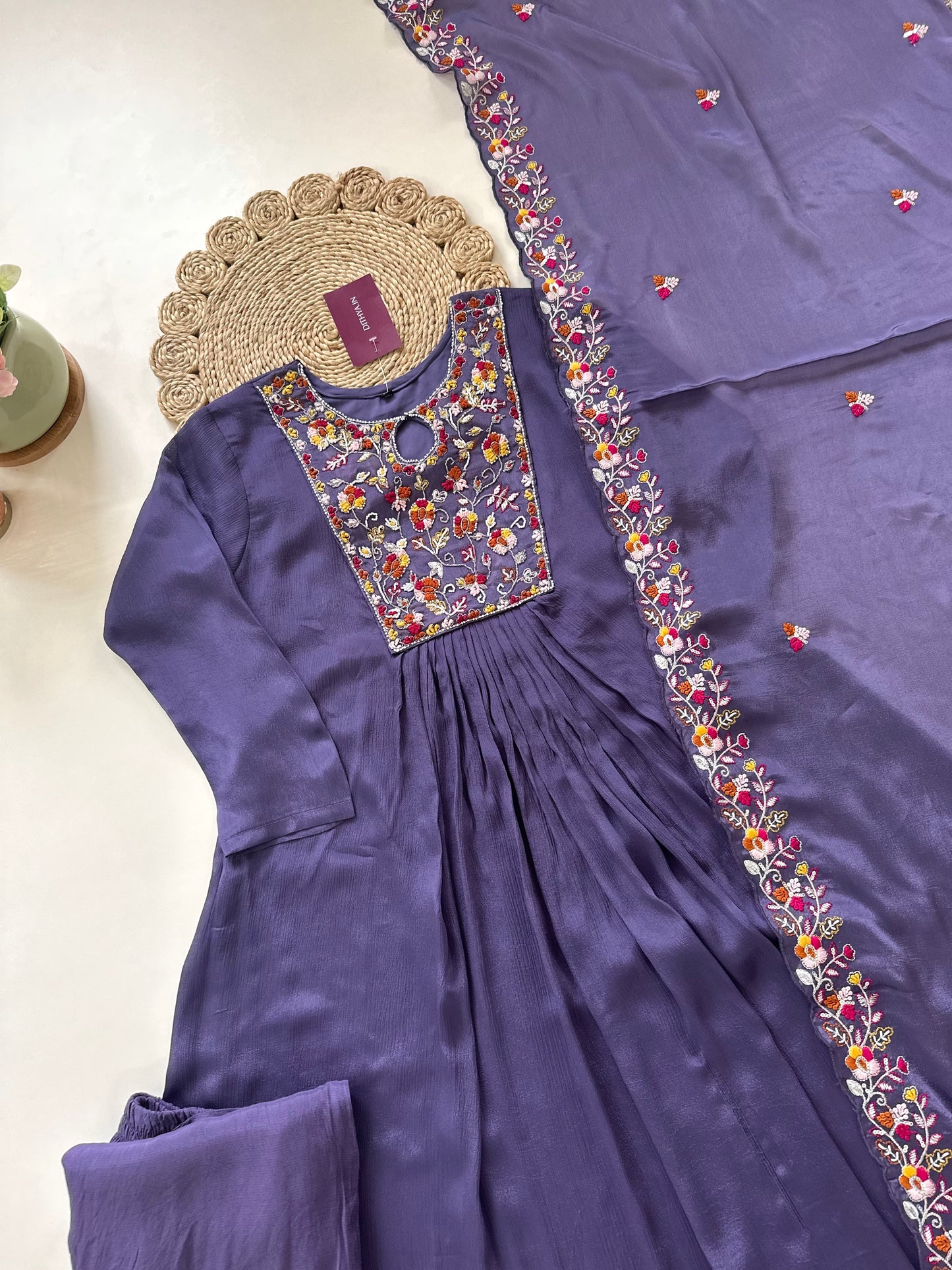 K319 - Handwork Chinnon Anarkali with pants and dupatta.